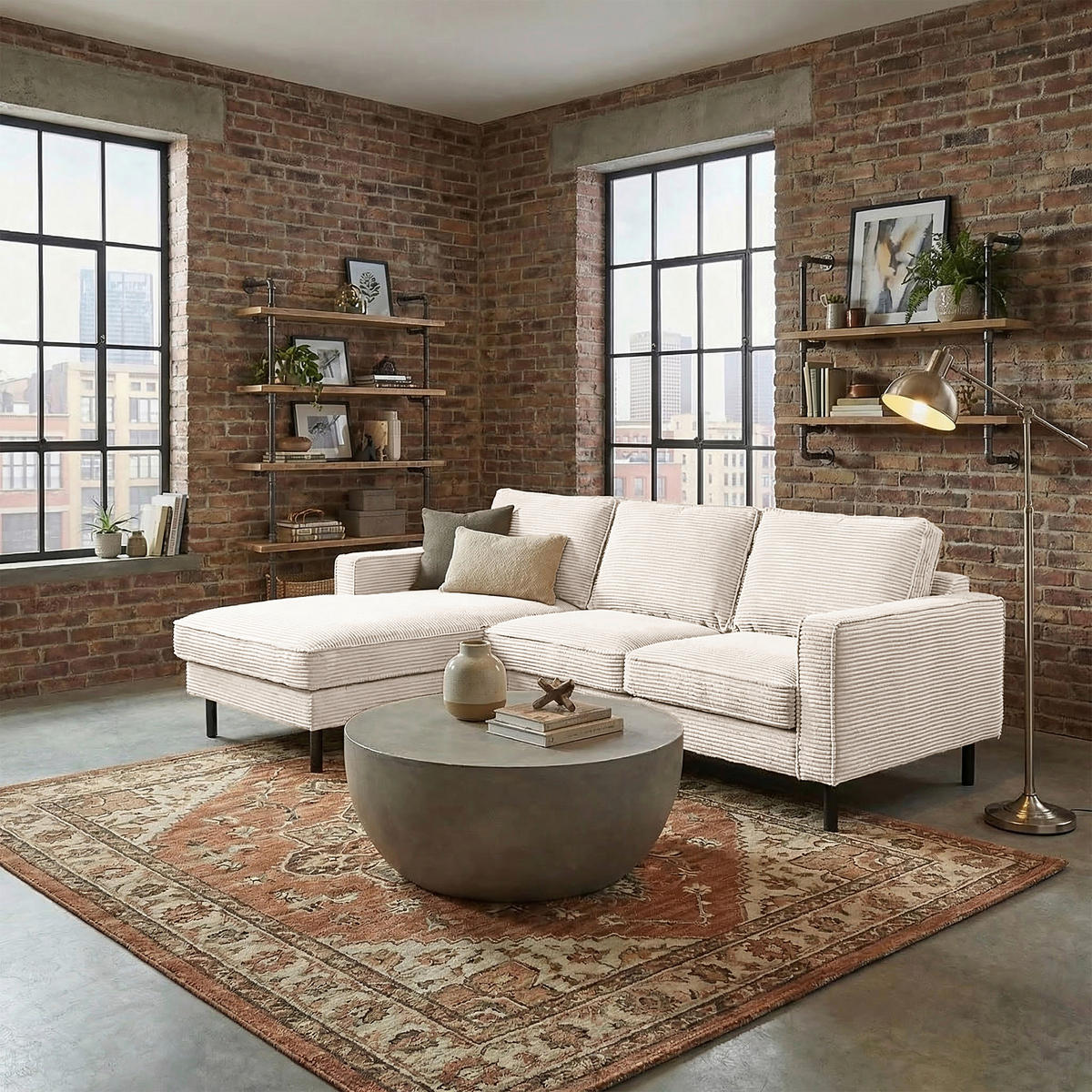 ECKSOFA Creme Cord Rücken echt  - Creme/Schwarz, Design, Textil/Metall (166/238cm) - Livetastic