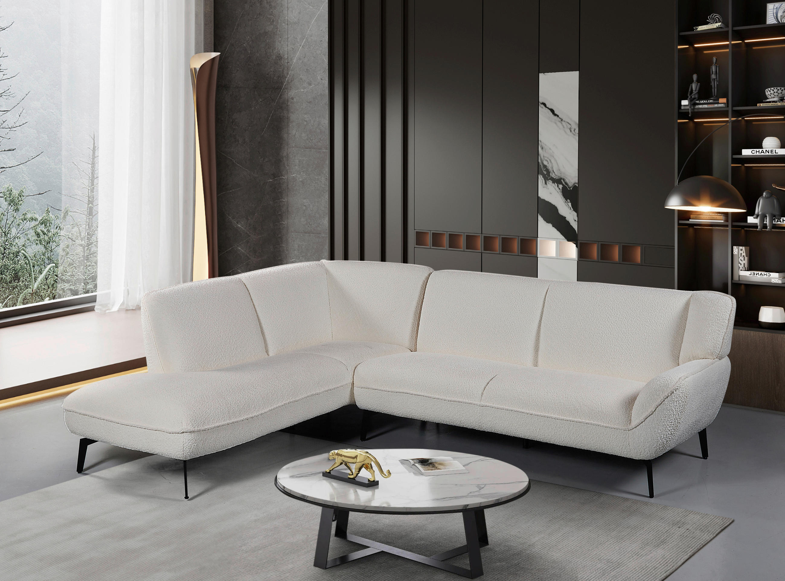ECKSOFA Creme Bouclé  - Creme/Schwarz, MODERN, Textil/Metall (175/200cm) - MID.YOU
