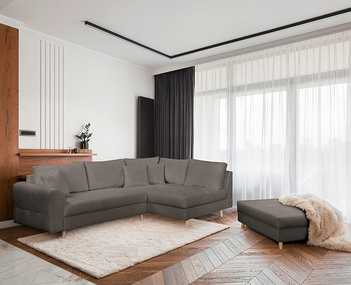 ECKSOFA Ariella in Bouclé Dunkelgrau  231/161 cm  - Dunkelgrau/Naturfarben, Design, Holz/Textil (231/161cm) - Livetastic