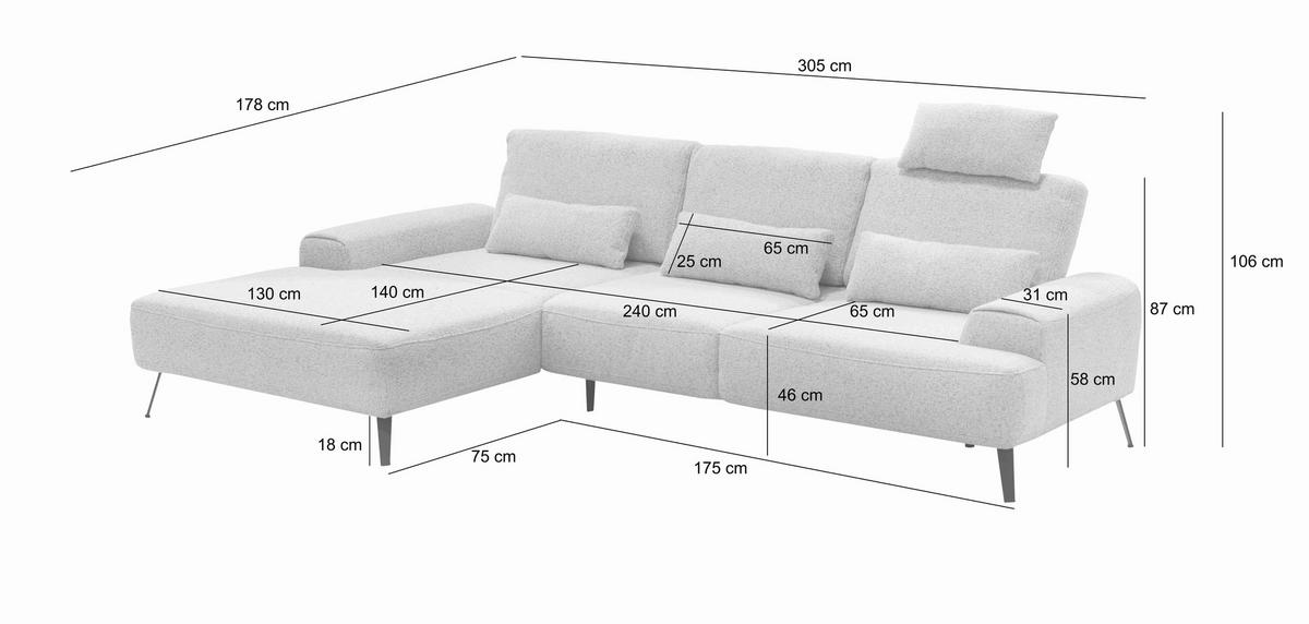 ECKSOFA Flachgewebe Hellgrau  - Hellgrau/Schwarz, Design, Textil/Metall (178/305cm) - Livetastic