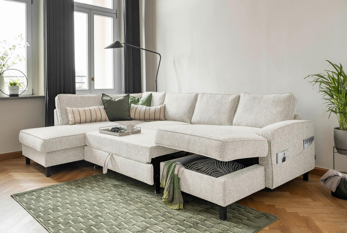 WOHNLANDSCHAFT in Struktur Beige  - Beige/Schwarz, Holz/Textil (198/298/148cm) - MID.YOU