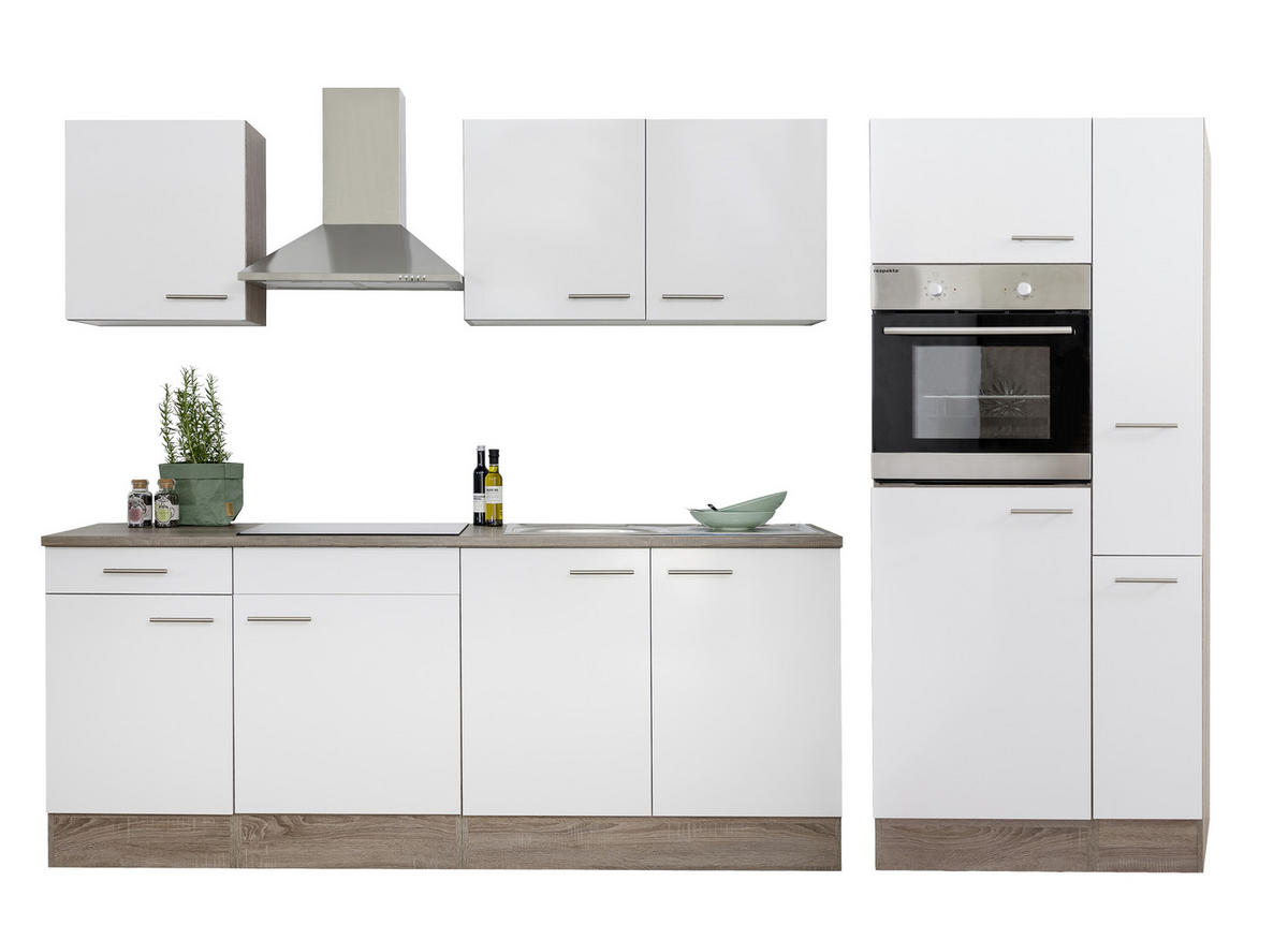 KÜCHENBLOCK 300 cm   in Weiss, Eichefarben  - Weiss/Edelstahlfarben, Design, Holzwerkstoff/Metall (300cm) - Respekta