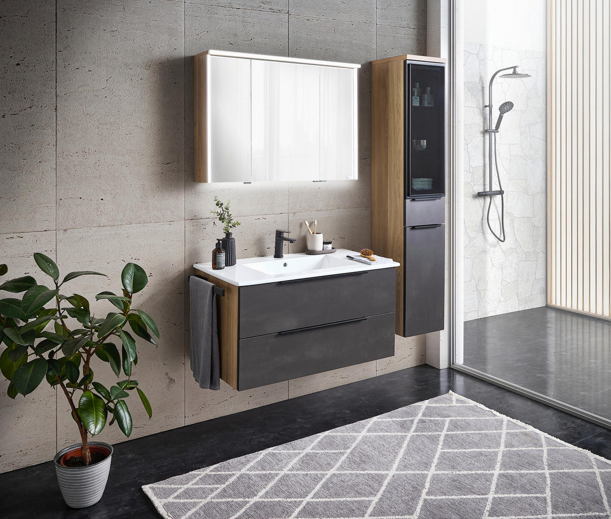 BADEZIMMER 3-teilig  in 92 cm  - Eichefarben/Schwarz, KONVENTIONELL, Glas/Keramik (92cm) - Dieter Knoll