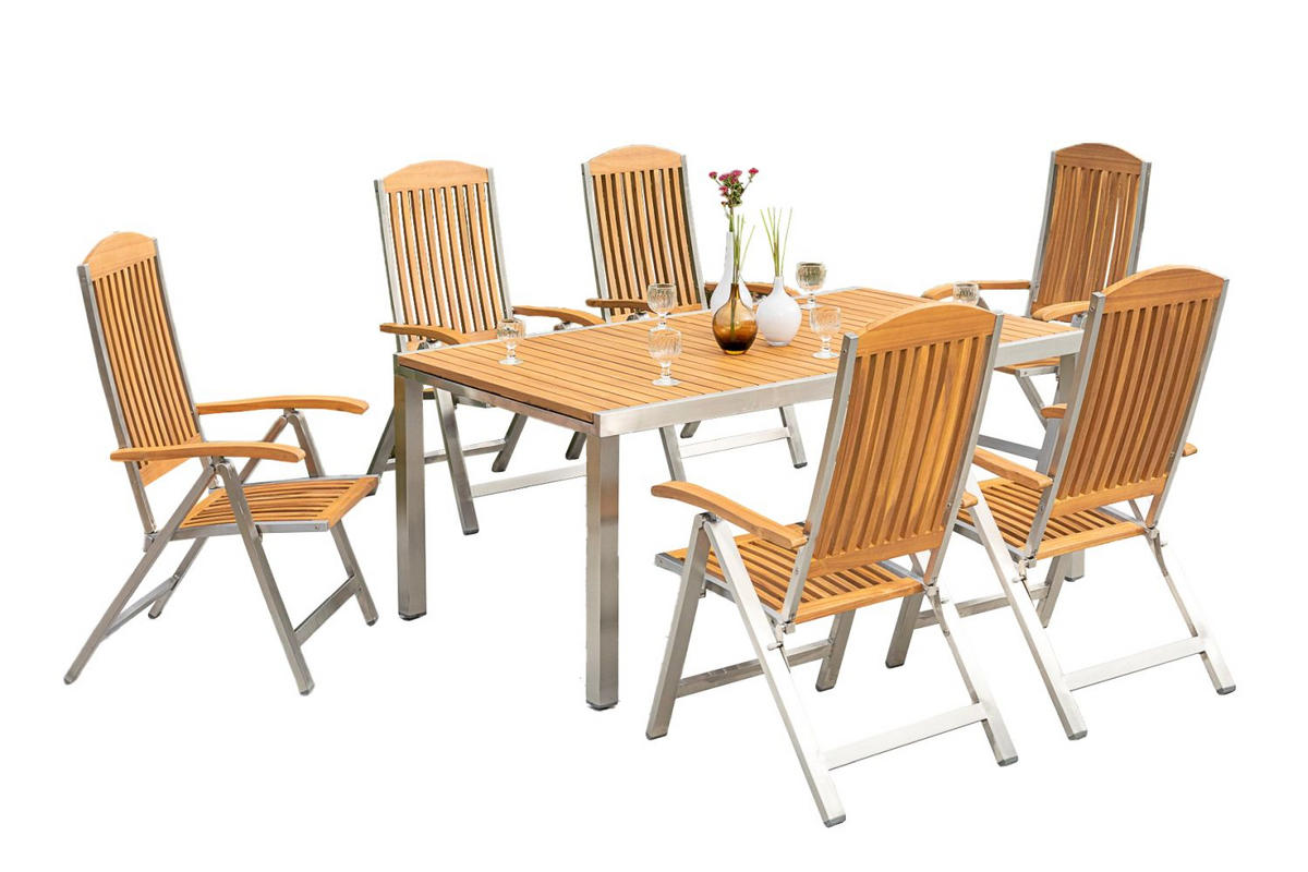 GARTENTISCHGRUPPE Akazie Hartholz Edelstahl  - Silberfarben/Akaziefarben, KONVENTIONELL, Holz/Metall - Gardenson