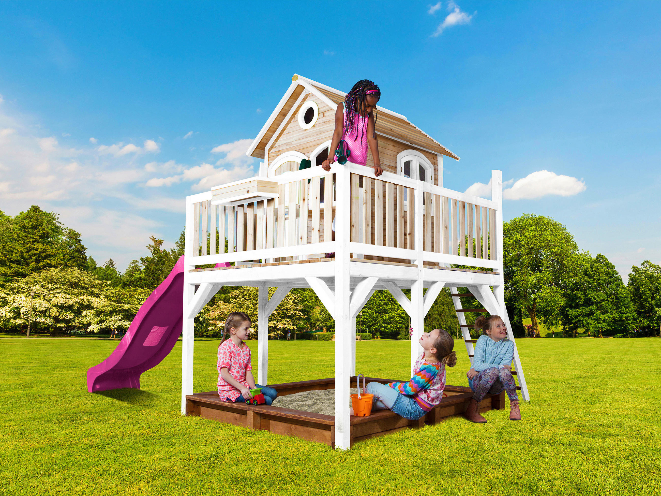 SPIELTURM 377/291/255 cm  - Lila/Braun, KONVENTIONELL, Holz (377/291/255cm) - Ambia Garden