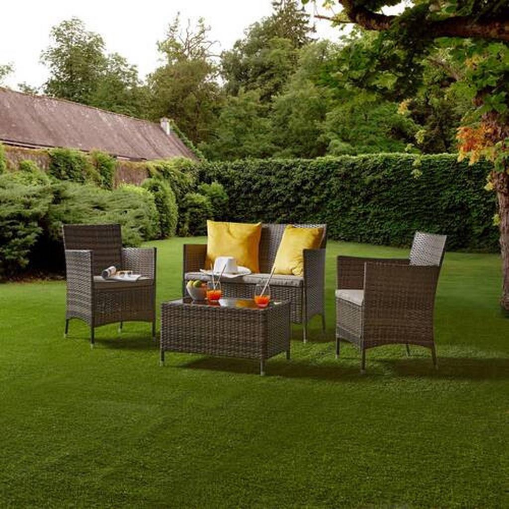 Thumbnail - Ambia Garden Loungegarnitur, Braun, Grau, Metall, Kunststoff, Glas, Textil, 4-teilig, Tisch mit Glasplatte, geeignet für...