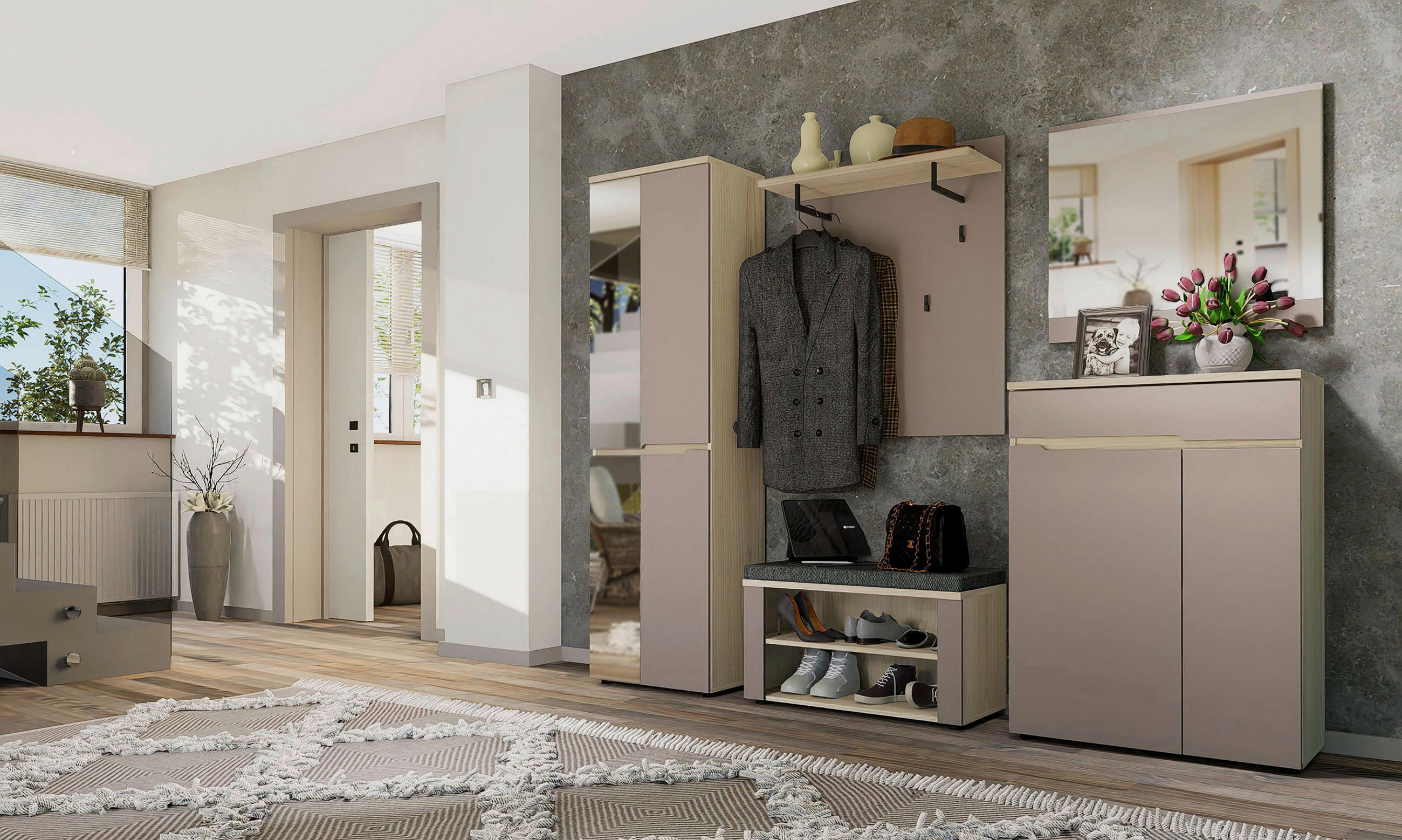 SKŘÍŇ NA ODĚV, šedohnědá, barvy dubu, 55/192/38 cm - černá/barvy dubu, Design, kompozitní dřevo/plast (55/192/38cm) - Voleo