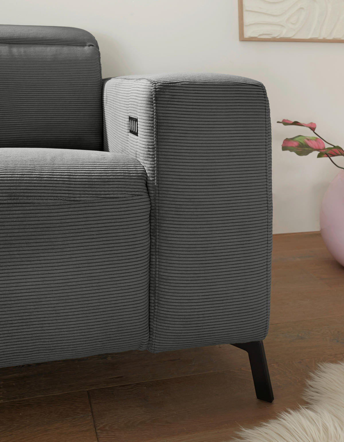 ECKSOFA in Feincord Anthrazit  - Anthrazit/Schwarz, Design, Textil/Metall (172-177/294cm) - Pure Home Lifestyle