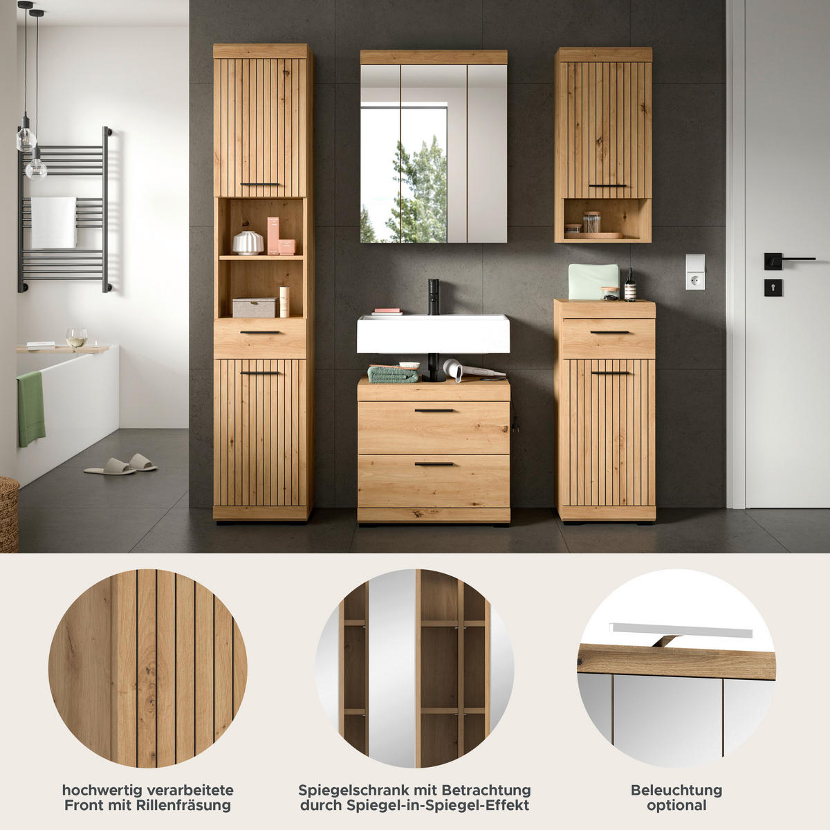 BADRUM 134 cm  - svart/ek Artisan, Trend, trämaterial/glas (134cm) - MID.YOU