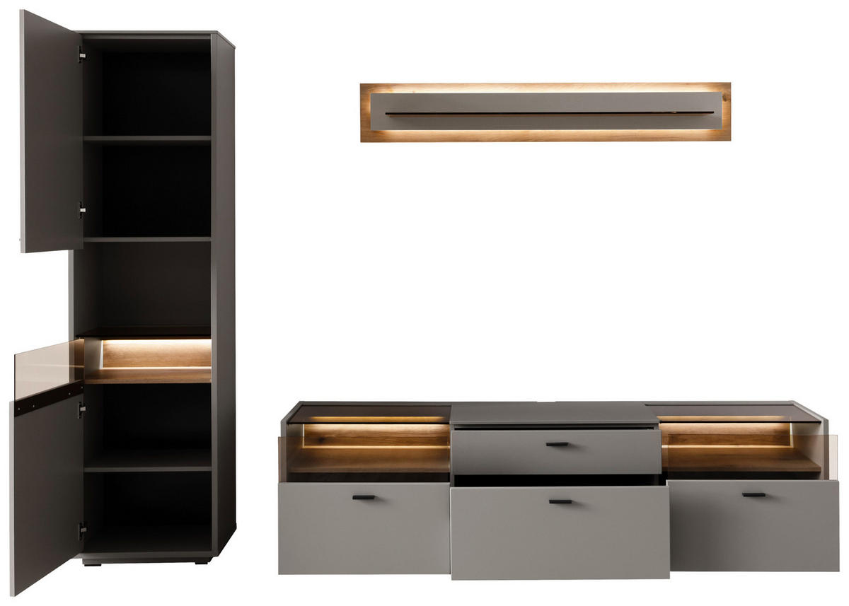 REGAL ZA DNEVNI BORAVAK siva, boje hrasta   - siva/boje hrasta, Moderno, staklo/drvni materijal (271/200/44cm) - Stylife