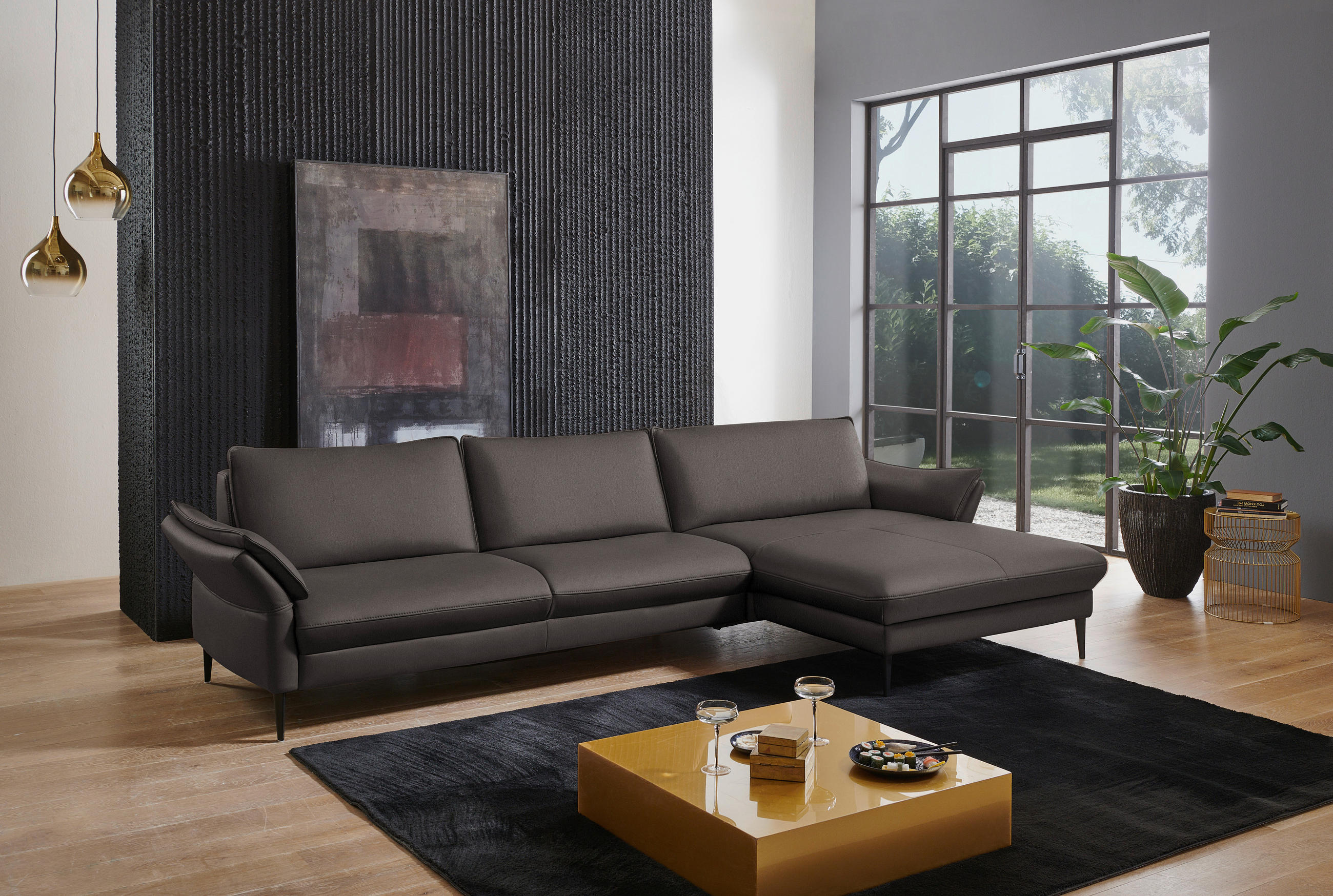 ECKSOFA in Echtleder Dunkelgrau  - Dunkelgrau/Schwarz, Design, Leder/Metall (334/172cm) - Valdera