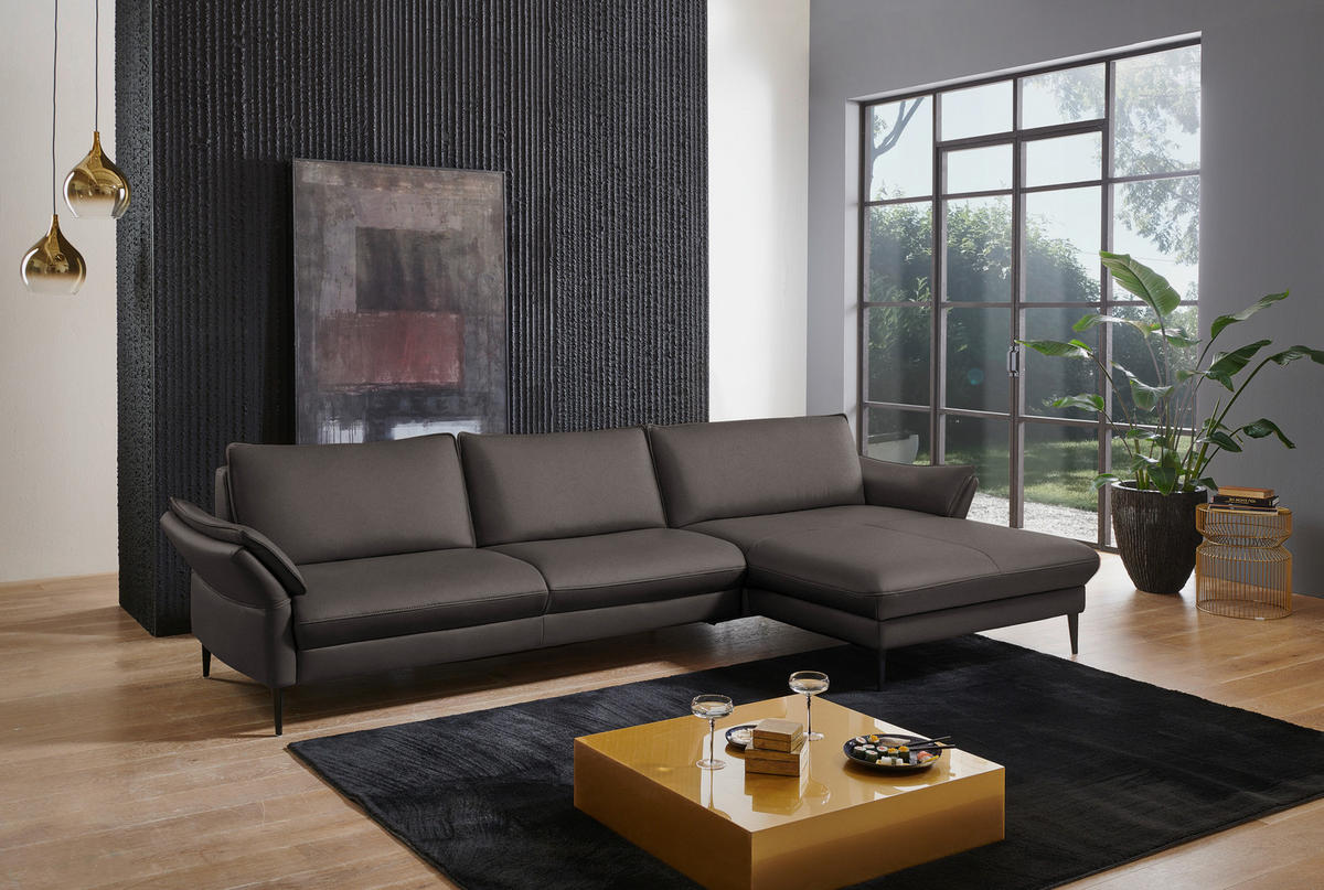 ECKSOFA in Echtleder Dunkelgrau  - Dunkelgrau/Schwarz, Design, Leder/Metall (334/172cm) - Valdera