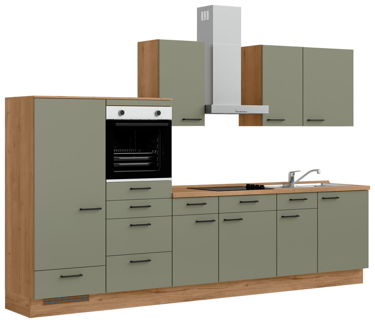 KÜCHENLEERBLOCK Senso 330 cm  in Eichefarben, Olivgrün  - Eichefarben/Schwarz, MODERN, Holzwerkstoff/Metall (330cm) - Nobilia