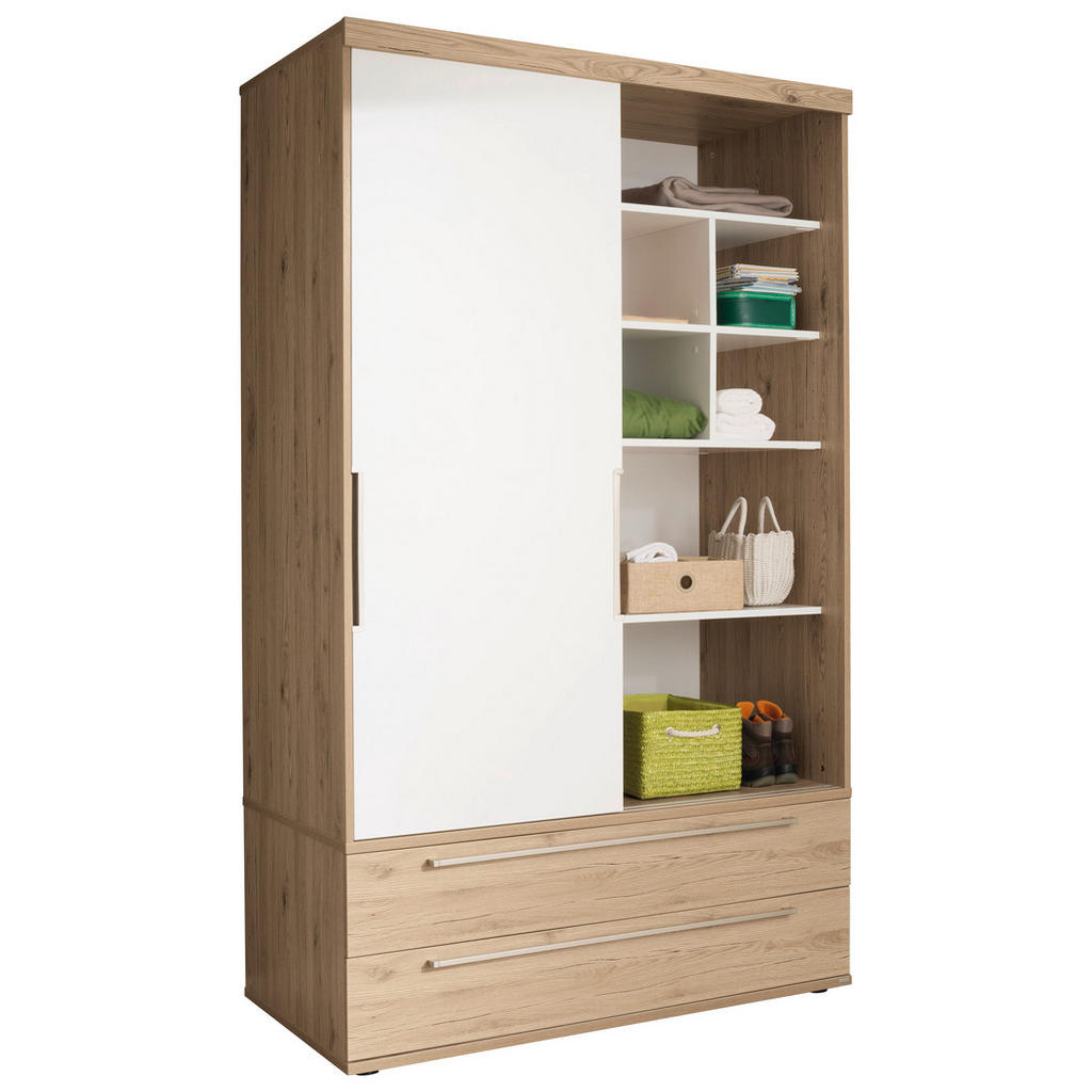 Thumbnail - Paidi Schiebetürenschrank, Weiß, Eiche, Holzwerkstoff, 4 Fächer, 2 Schublade(n) Schubladen, 123.6x206.9x63.9 cm, Beimöbe...