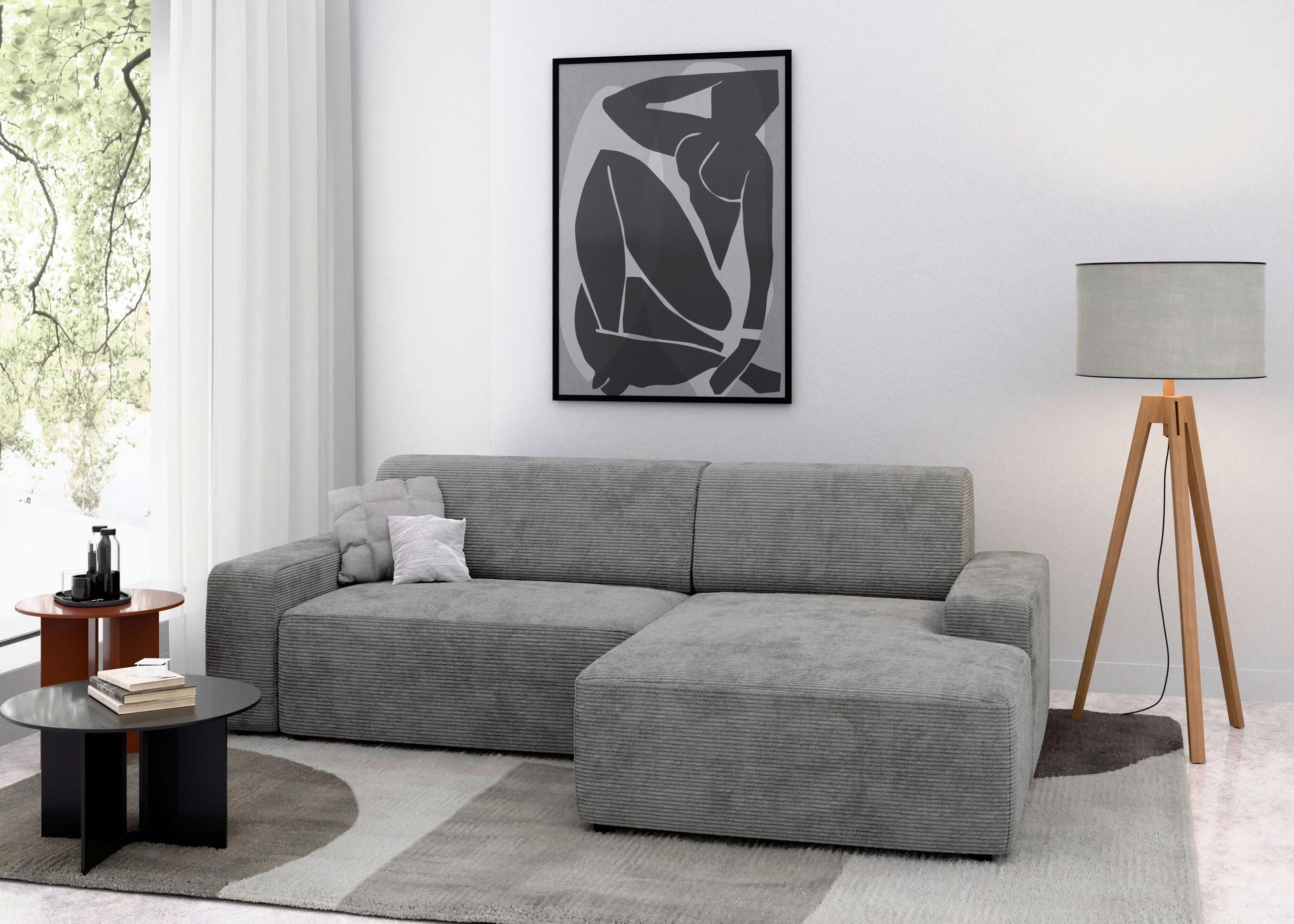 ECKSOFA in Cord Grau - Schwarz/Grau, Modern, Kunststoff/Textil (246/162cm) - Trendmanufaktur