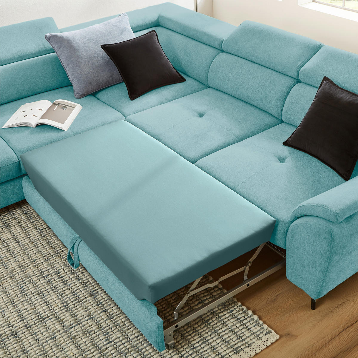 ECKSOFA inkl. Funktion Türkis Webstoff  - Türkis/Schwarz, Design, Textil/Metall (237/277cm) - Stylife