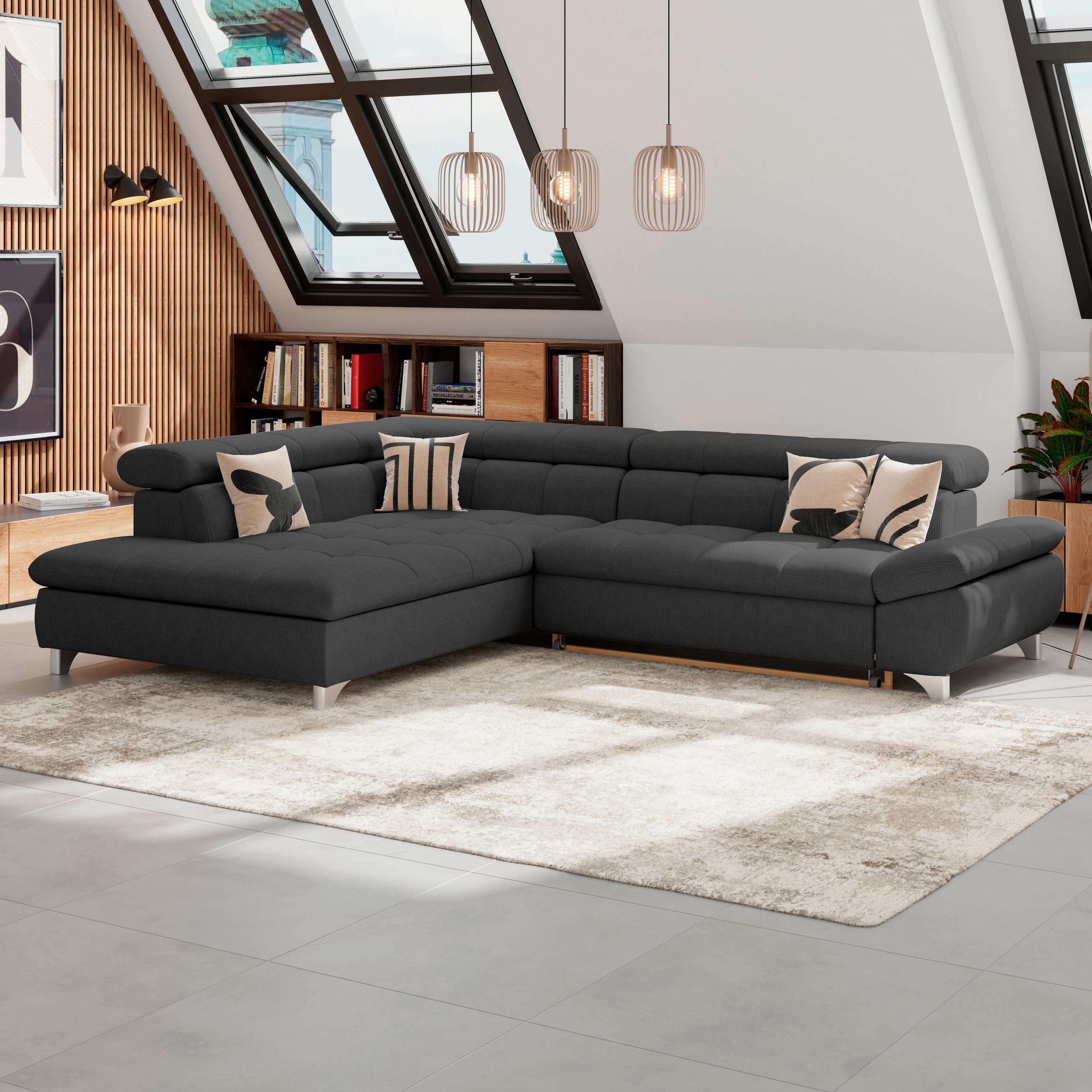 ECKSOFA Schwarz Chenille  - Chromfarben/Schwarz, KONVENTIONELL, Textil/Metall (234/312cm) - Livetastic