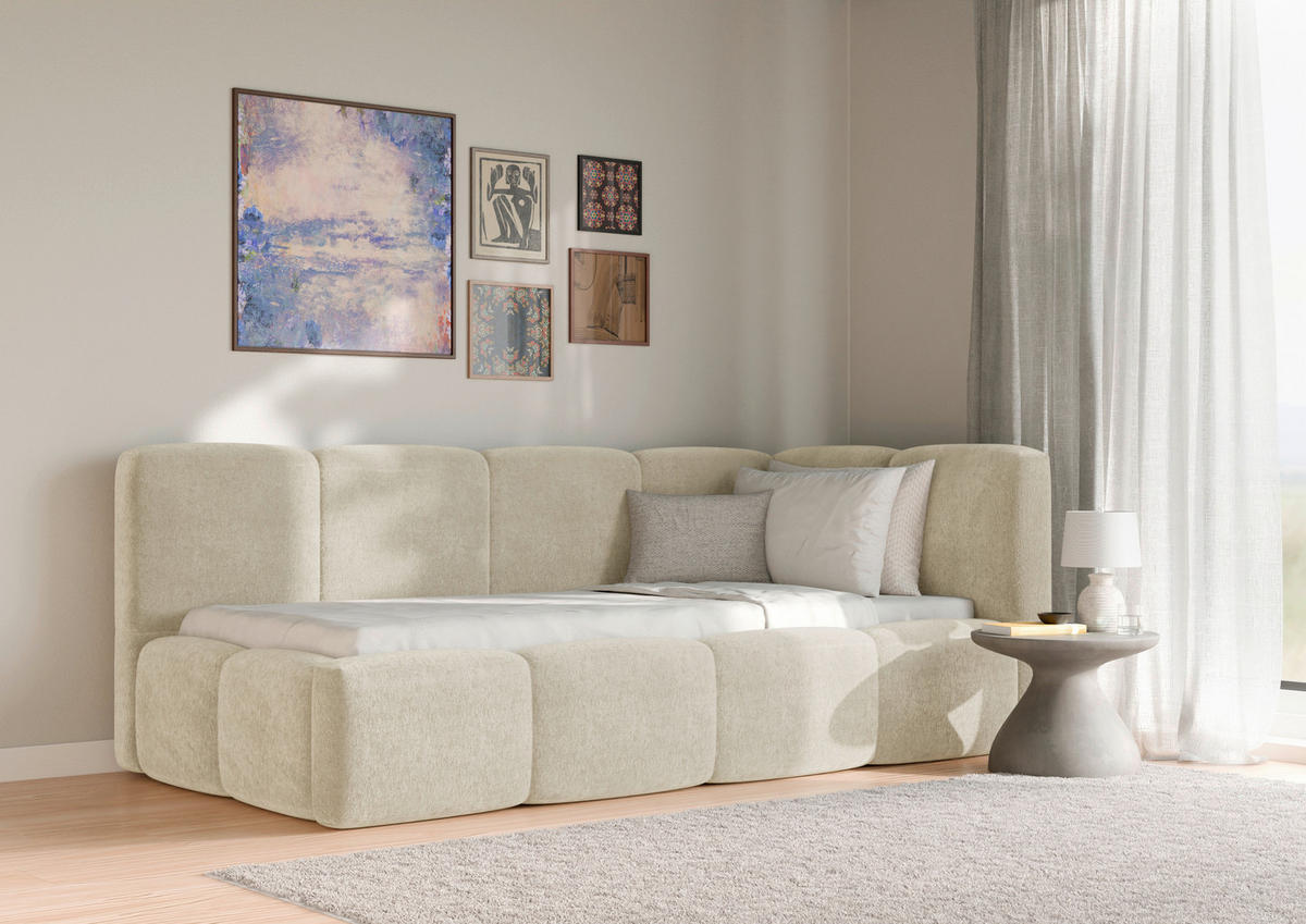 POLSTERBETT 90/200 cm,  in Beige, Lattenrost, Bettkasten,  - Beige/Schwarz, Design, Holz/Textil (90/200cm) - Chameo