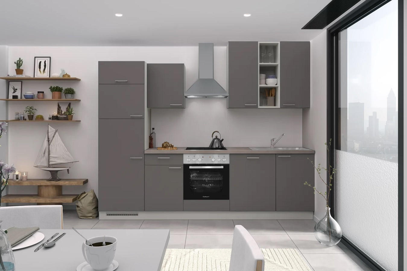 Küchenzeile Grau mit Geräten B: 280 cm