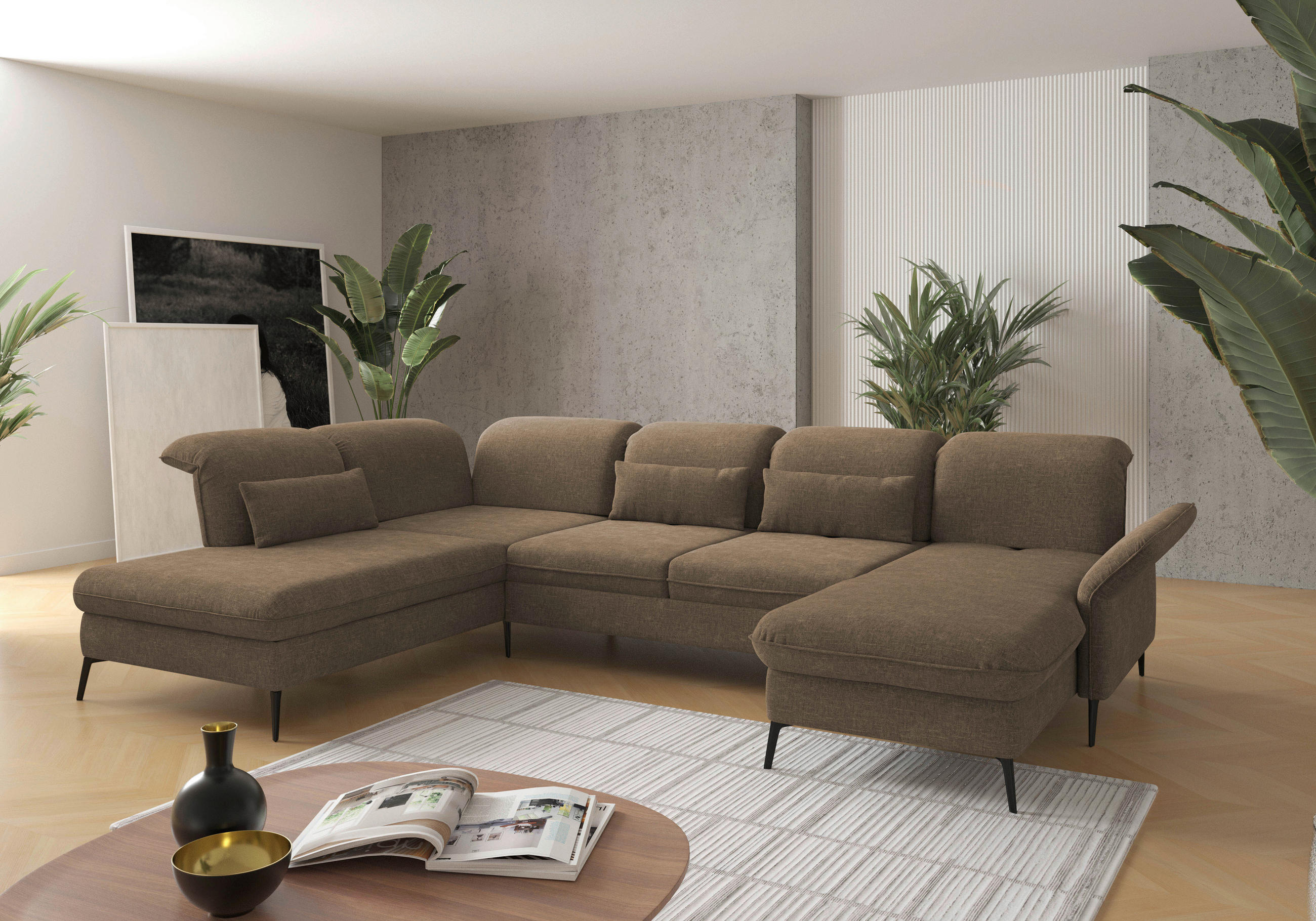 WOHNLANDSCHAFT in Flachgewebe Hellbraun  - Hellbraun/Schwarz, Konventionell, Textil/Metall (231/359/198cm) - Sit & More