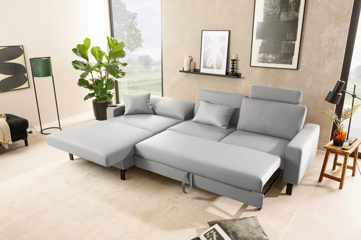 ECKSOFA  in Cord Greige Rücken echt, Sitztiefenverstellung  185/298 cm  - Greige/Schwarz, Design, Textil/Metall (185/298cm) - Pure Home Lifestyle
