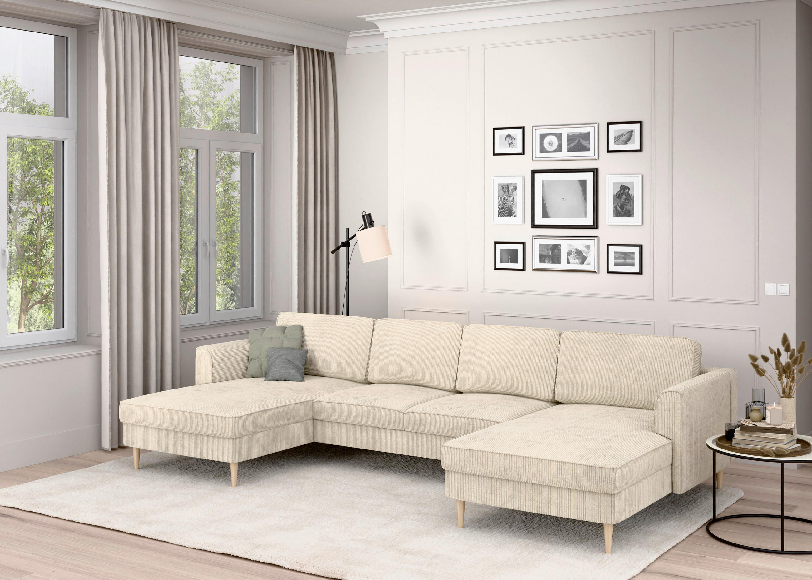 WOHNLANDSCHAFT Creme Cord  - Buchefarben/Creme, MODERN, Holz/Textil (161/306/161cm) - Trendmanufaktur