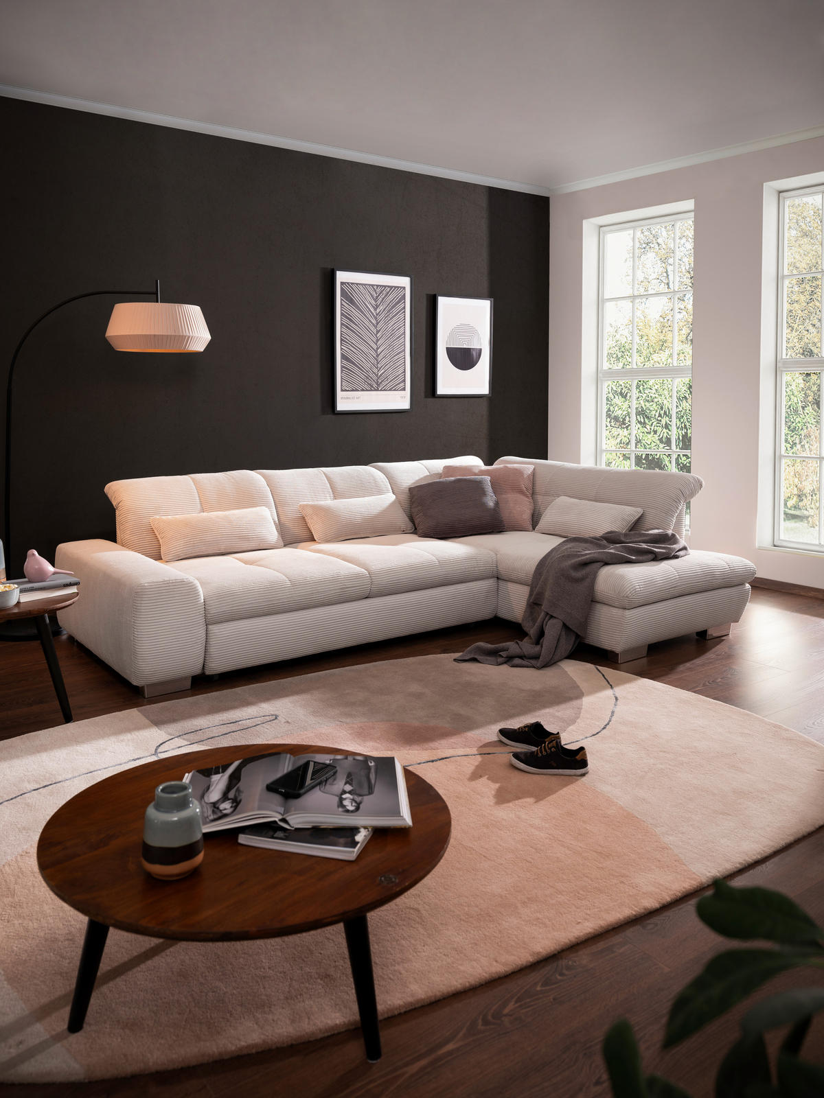 ECKSOFA Hellgrau Cord  - Chromfarben/Hellgrau, Design, Kunststoff/Textil (292/212cm) - SetOne by Musterring
