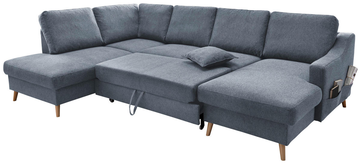 WOHNLANDSCHAFT Blau Struktur  - Blau/Naturfarben, KONVENTIONELL, Holz/Textil (200/301/150cm) - P & B