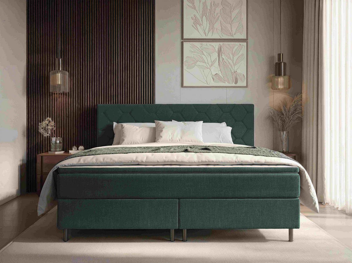 BOXSPRINGBETT 180/200 cm,  in Dunkelgrün, Matratze, Topper, H2 + H2 = mittel  - Dunkelgrün/Schwarz, KONVENTIONELL, Textil/Metall (180/200cm) - Chameo