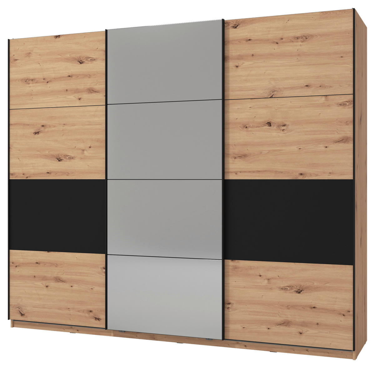 SCHWEBETÜRENSCHRANK 3-türig Schwarz, Eichefarben  - Eichefarben/Schwarz, Basics, Glas/Holzwerkstoff (262,5/224/62,5cm) - Xora