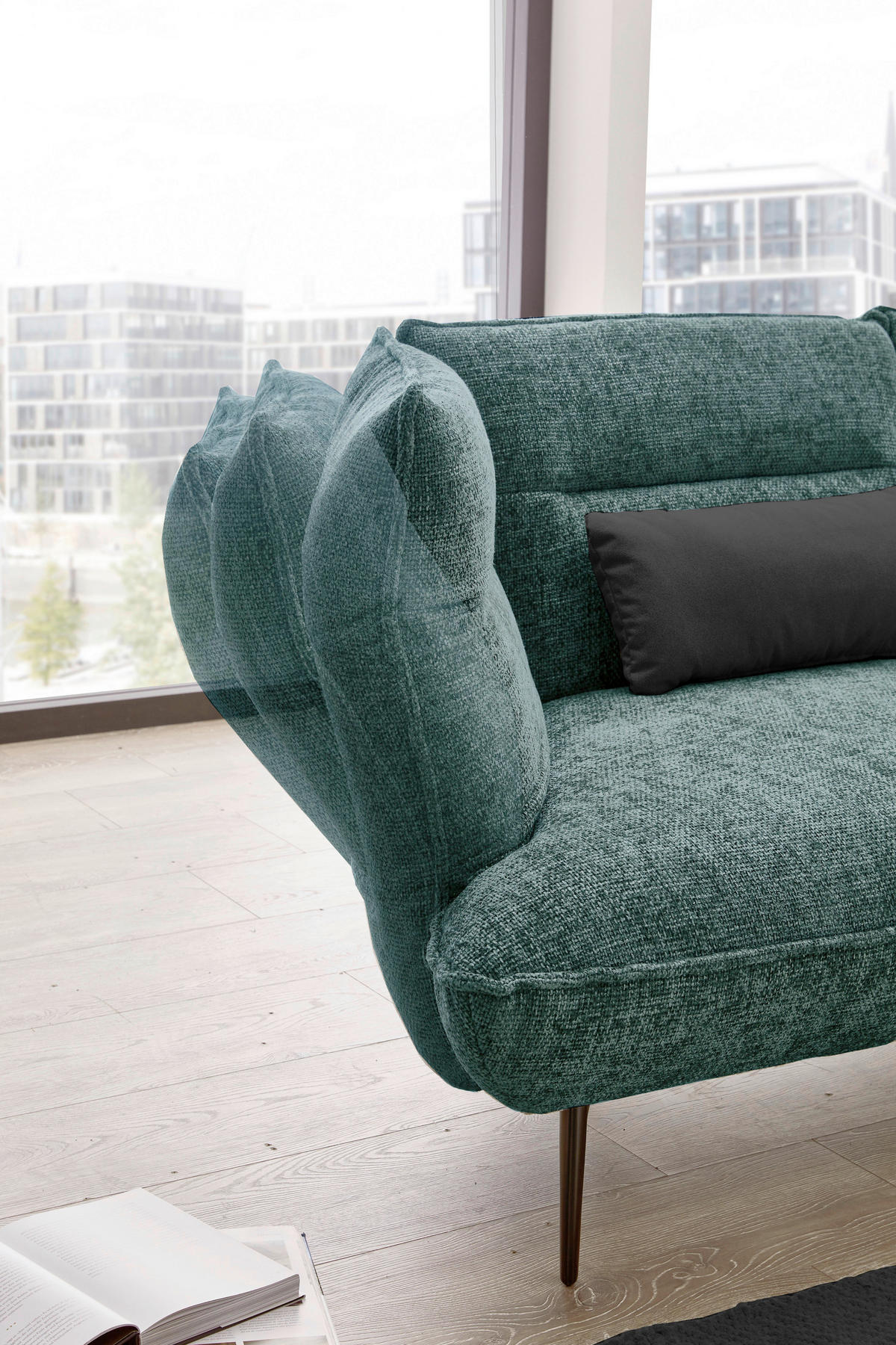 ECKSOFA in Flachgewebe Blau, Grün  - Blau/Schwarz, Design, Textil/Metall (339/153cm) - Moderano