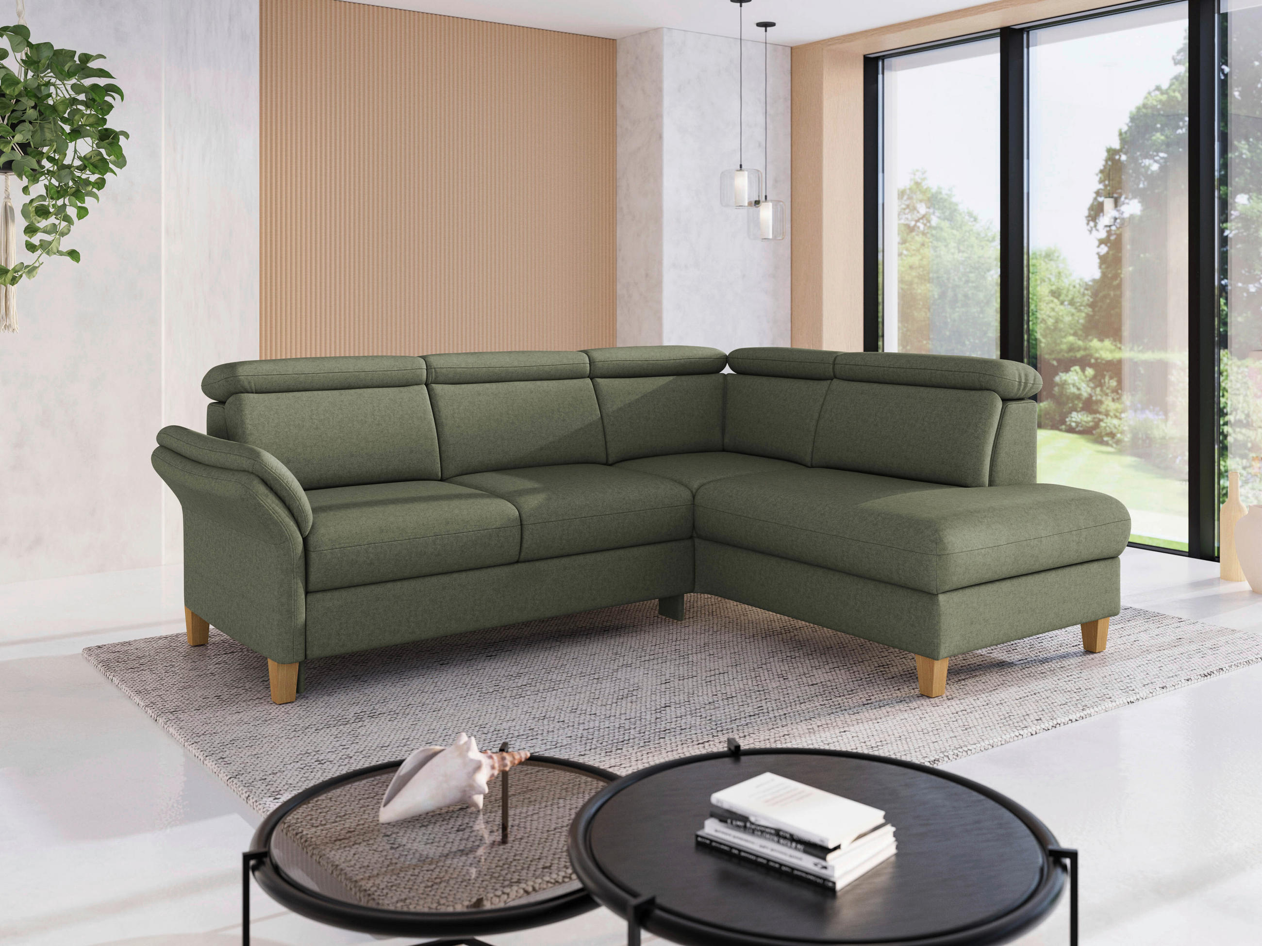 ECKSOFA Flachgewebe Olivgrün  - Eichefarben/Olivgrün, Konventionell, Holz/Textil (247/193cm) - Sit & More
