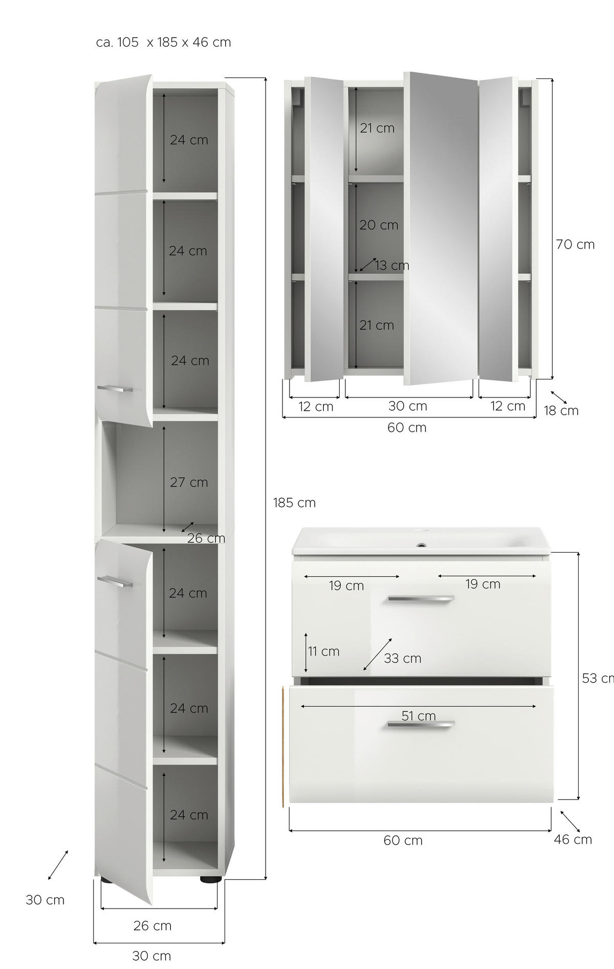BADEZIMMER 3-teilig  in 90 cm  - Weiß Hochglanz/Silberfarben, MODERN, Keramik/Holzwerkstoff (90cm) - MID.YOU