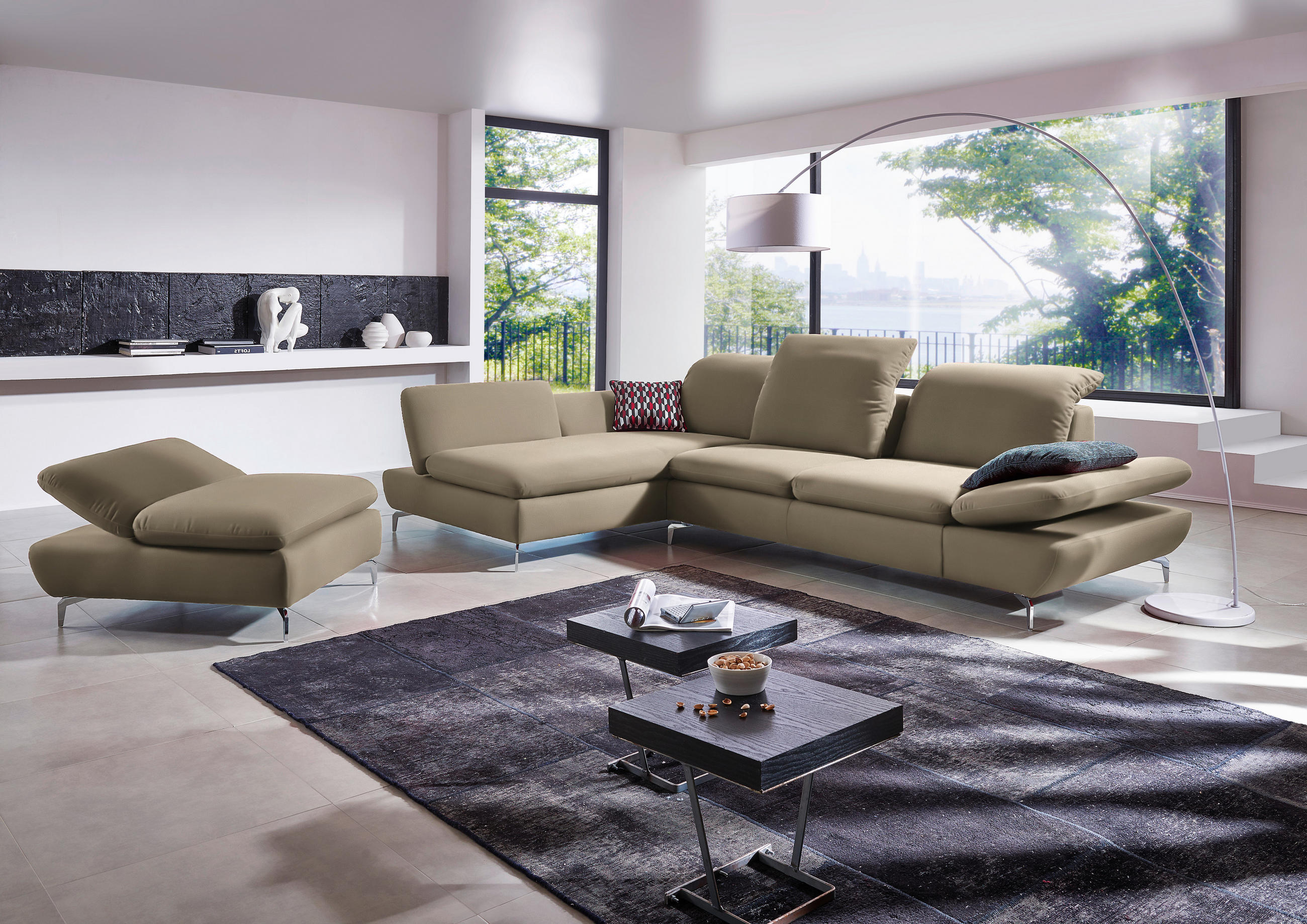 ECKSOFA in Echtleder Graubraun  - Graubraun/Silberfarben, Design, Leder/Metall (200/315cm) - Chilliano