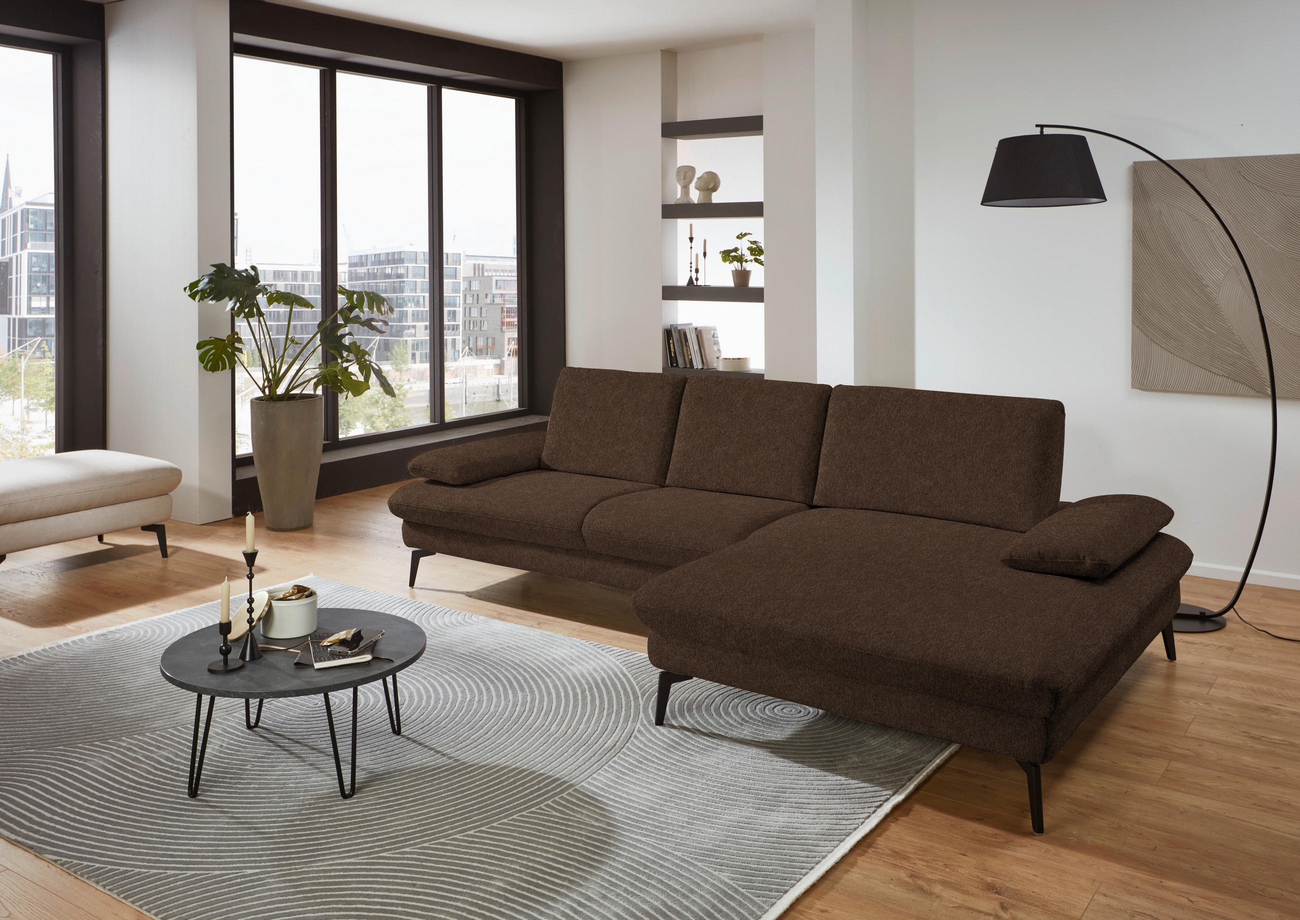 ECKSOFA in Chenille, Mikrofaser Dunkelbraun  - Dunkelbraun/Schwarz, Design, Textil/Metall (299/157cm) - Dieter Knoll