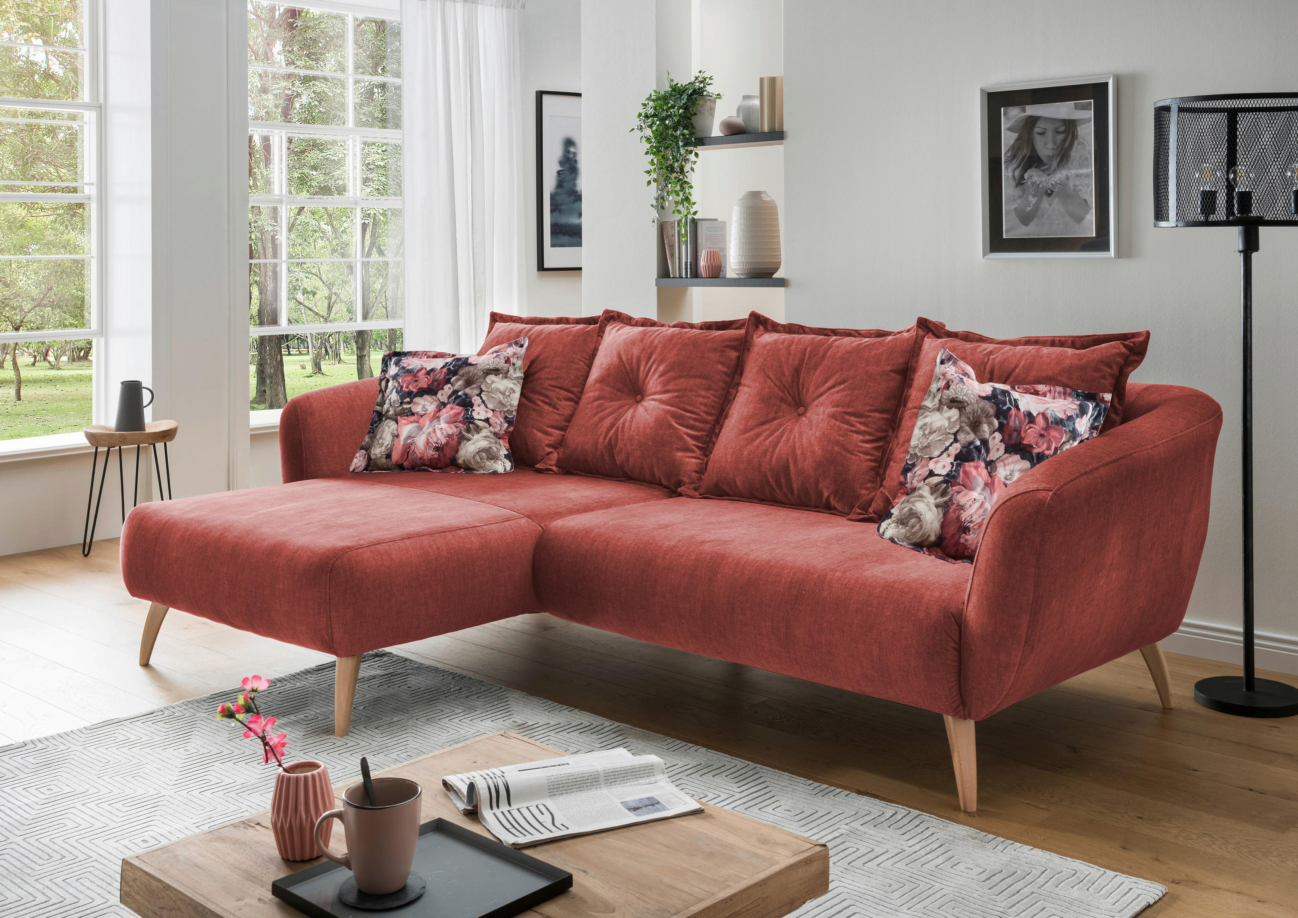 ECKSOFA in Velours Koralle, Multicolor  - Koralle/Buchefarben, Modern, Holz/Textil (162/277cm) - Livetastic