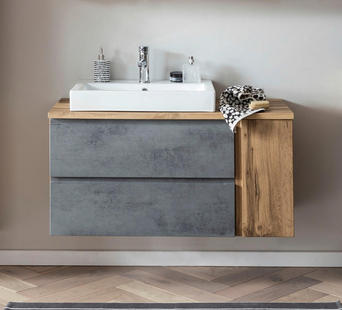 SKRINKA S UMÝVADLOM, 105 cm - svetlosivá/dub wotan, Modern, kompozitné drevo/keramika (105cm) - Held