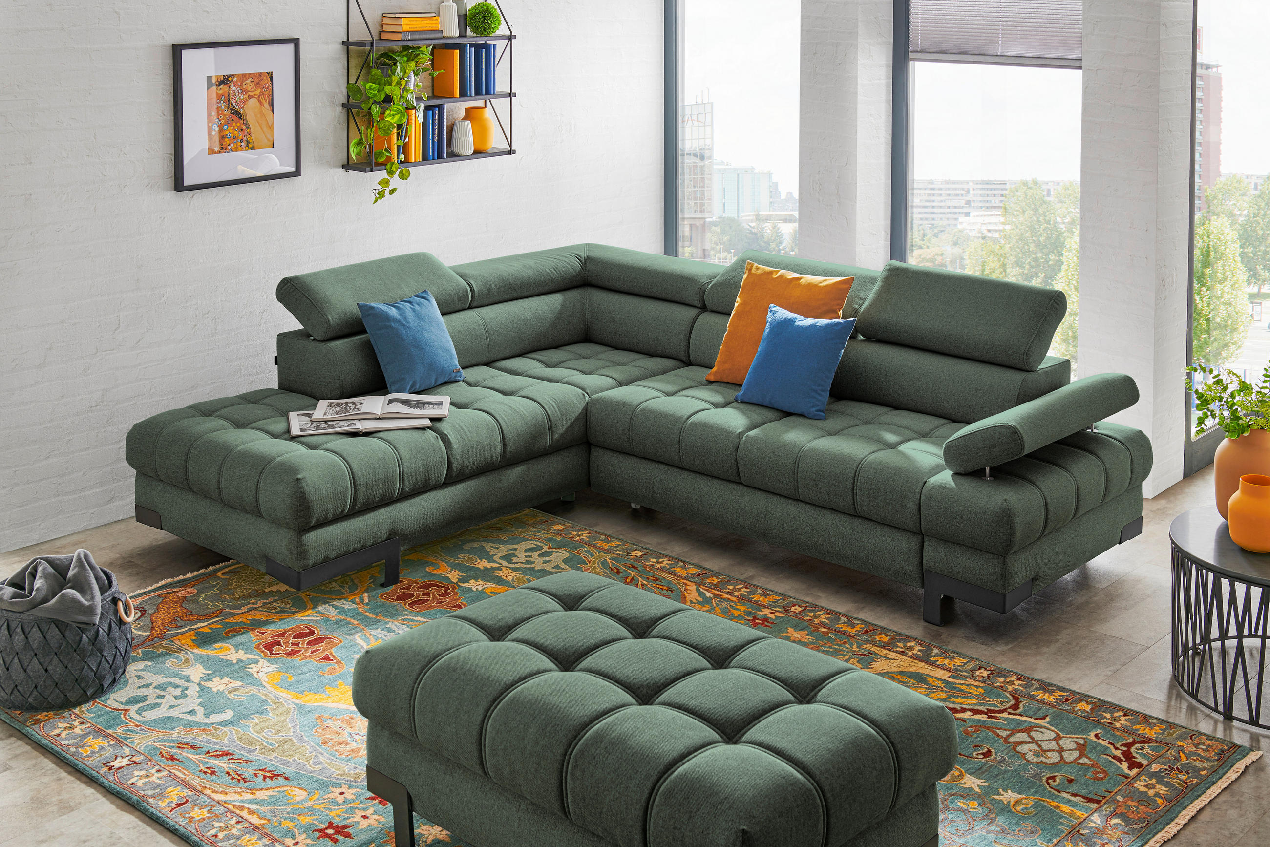 ECKSOFA Dunkelgrün Webstoff - Dunkelgrün/Schwarz, Design, Textil/Metall (223/263cm) - Welnova