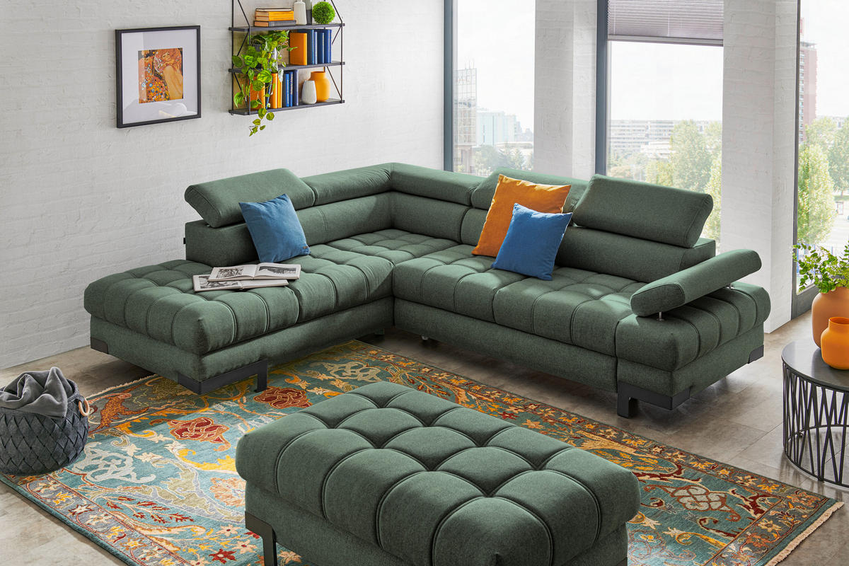 ECKSOFA in Webstoff Dunkelgrün  - Dunkelgrün/Schwarz, Design, Textil/Metall (223/263cm) - Welnova