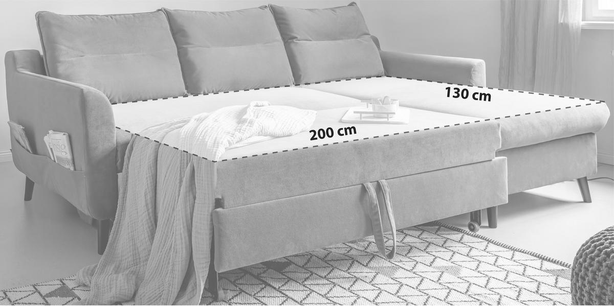 ECKSCHLAFSOFA Stylish Stan Velours Altrosa  inkl. Rückenkissen, Bettkasten, Schlaffunktion  - Schwarz/Altrosa, Basics, Holz/Textil (230/150cm) - MID.YOU