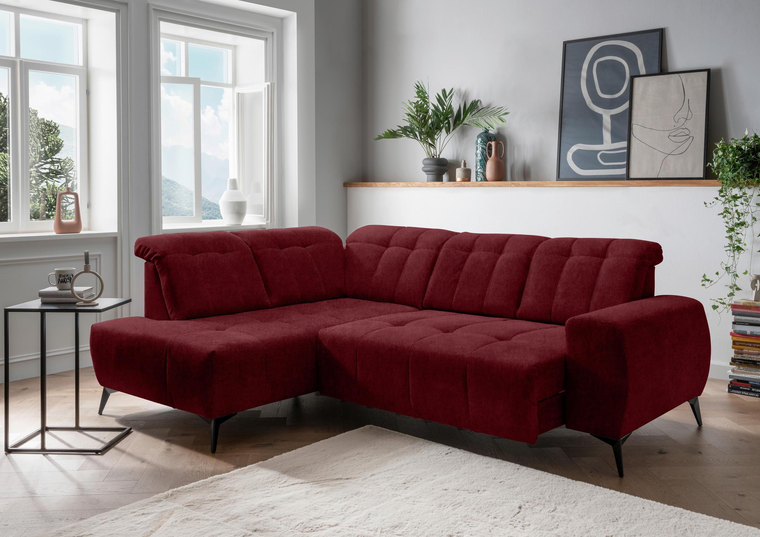 ECKSOFA in Mikrofaser Bordeaux - Bordeaux/Schwarz, Modern, Textil/Metall (200/261cm) - Livetastic