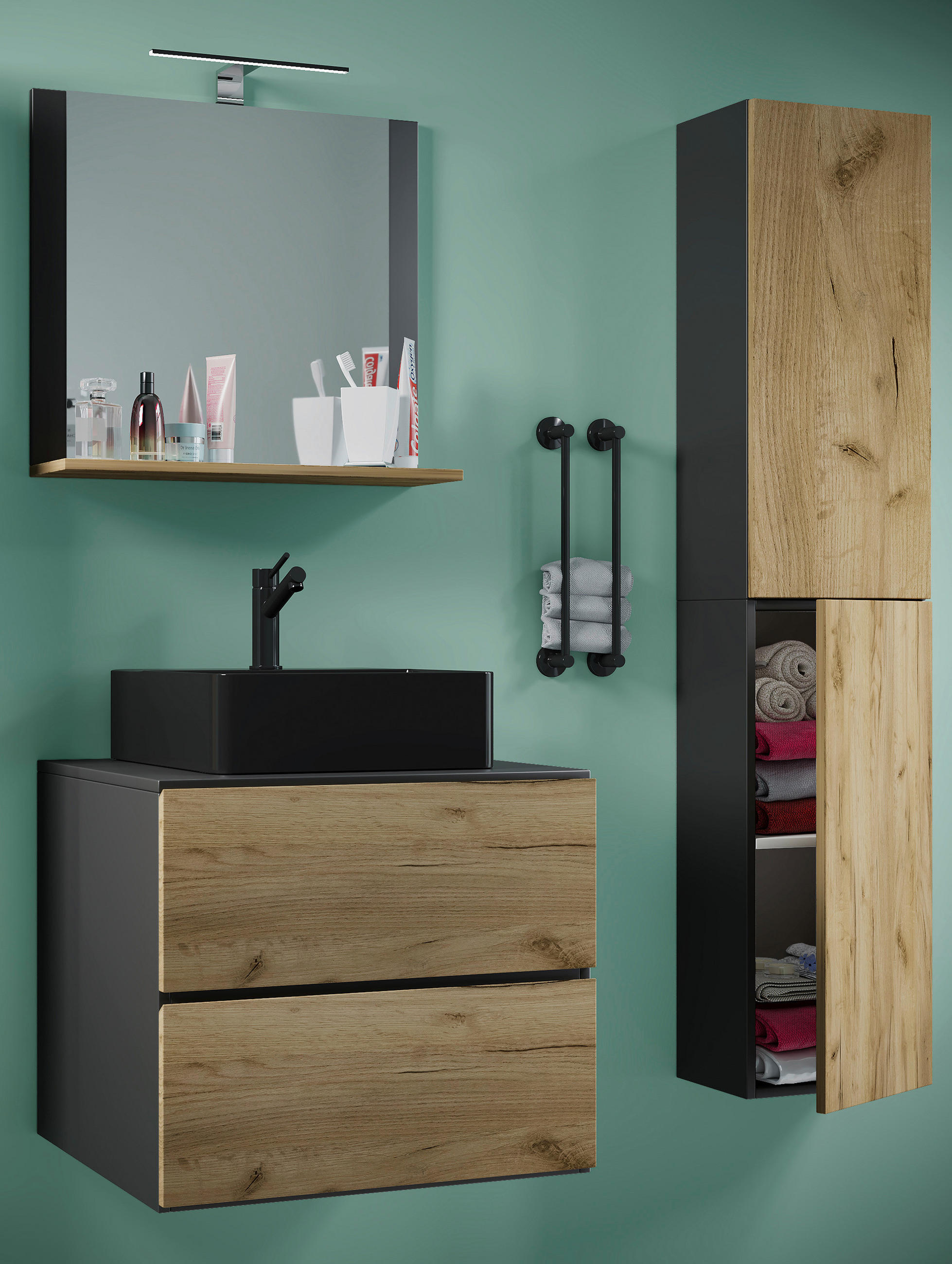 BADEZIMMER 4-teilig  in 94 cm  - Honigeiche/Anthrazit, MODERN, Glas/Keramik (94cm) - MID.YOU