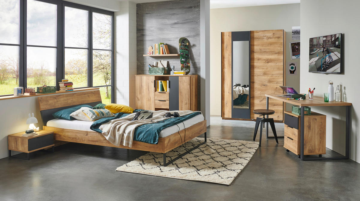 SCHWEBETÜRENSCHRANK 180/198/65 cm 2-türig Graphitfarben, Plankeneiche  - Plankeneiche/Schwarz, Design, Glas/Holzwerkstoff (180/198/65cm) - Boxxx