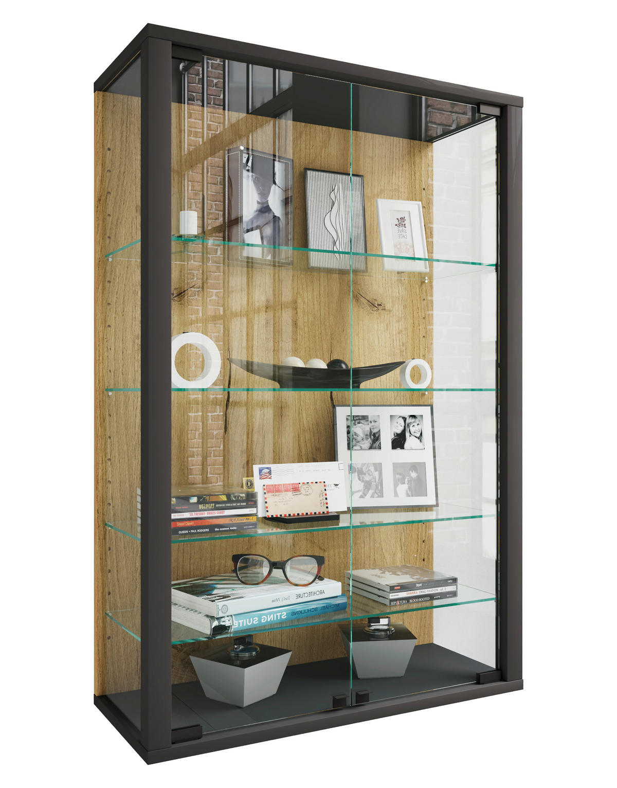 Vitrină Suspendată, străveziu, negru, stejar miere  - stejar miere/străveziu, Design, plastic/sticlă (59/91/25cm) - Livetastic