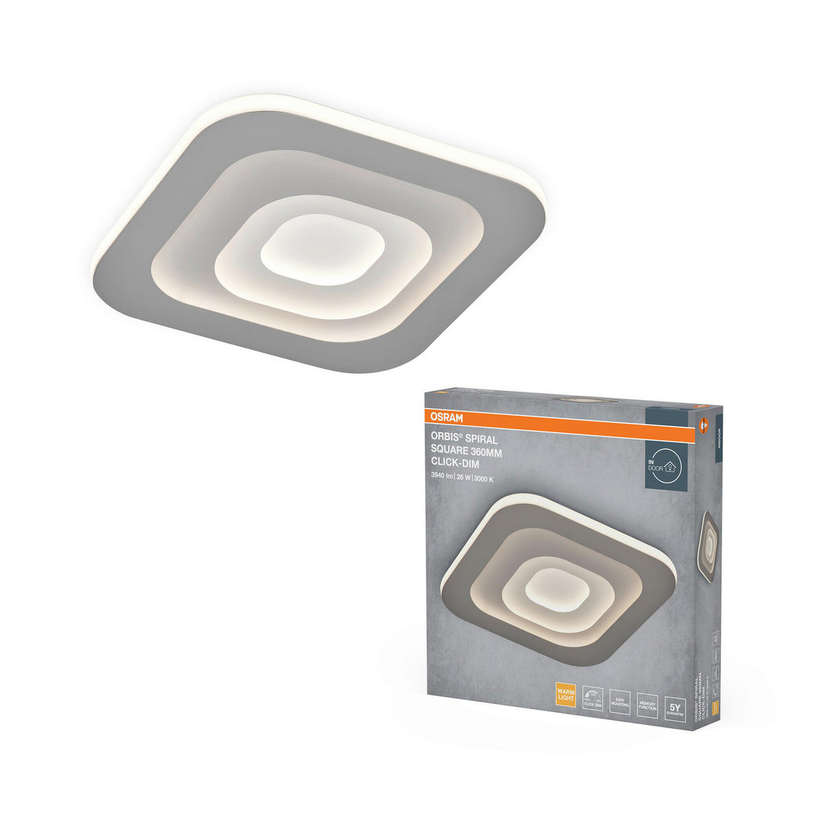 LED-DECKENLEUCHTE Orbis Spiral 36,5/36,5/5,6 cm   - Grau, Design, Kunststoff/Metall (36,5/36,5/5,6cm) - Osram