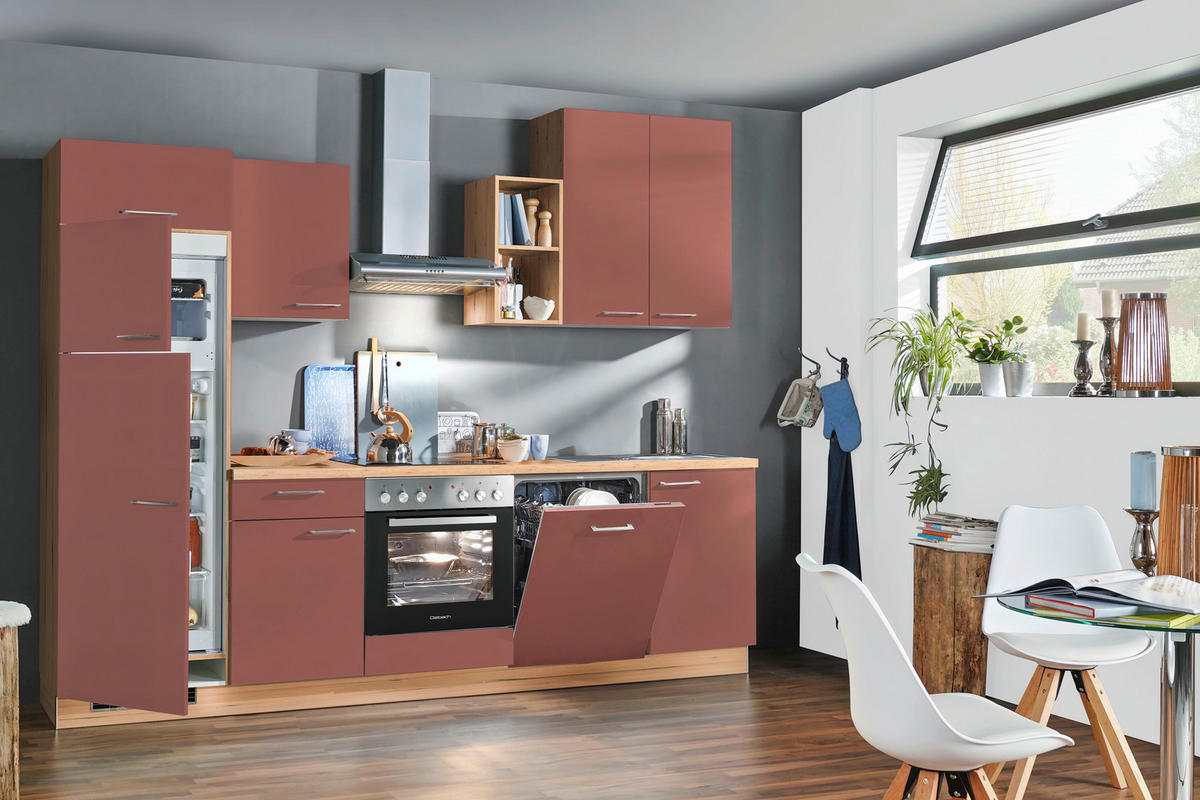 KÜCHENBLOCK 280 cm   in Rot, Eichefarben  - Edelstahlfarben/Eichefarben, KONVENTIONELL, Holzwerkstoff/Metall (280cm) - Welnova