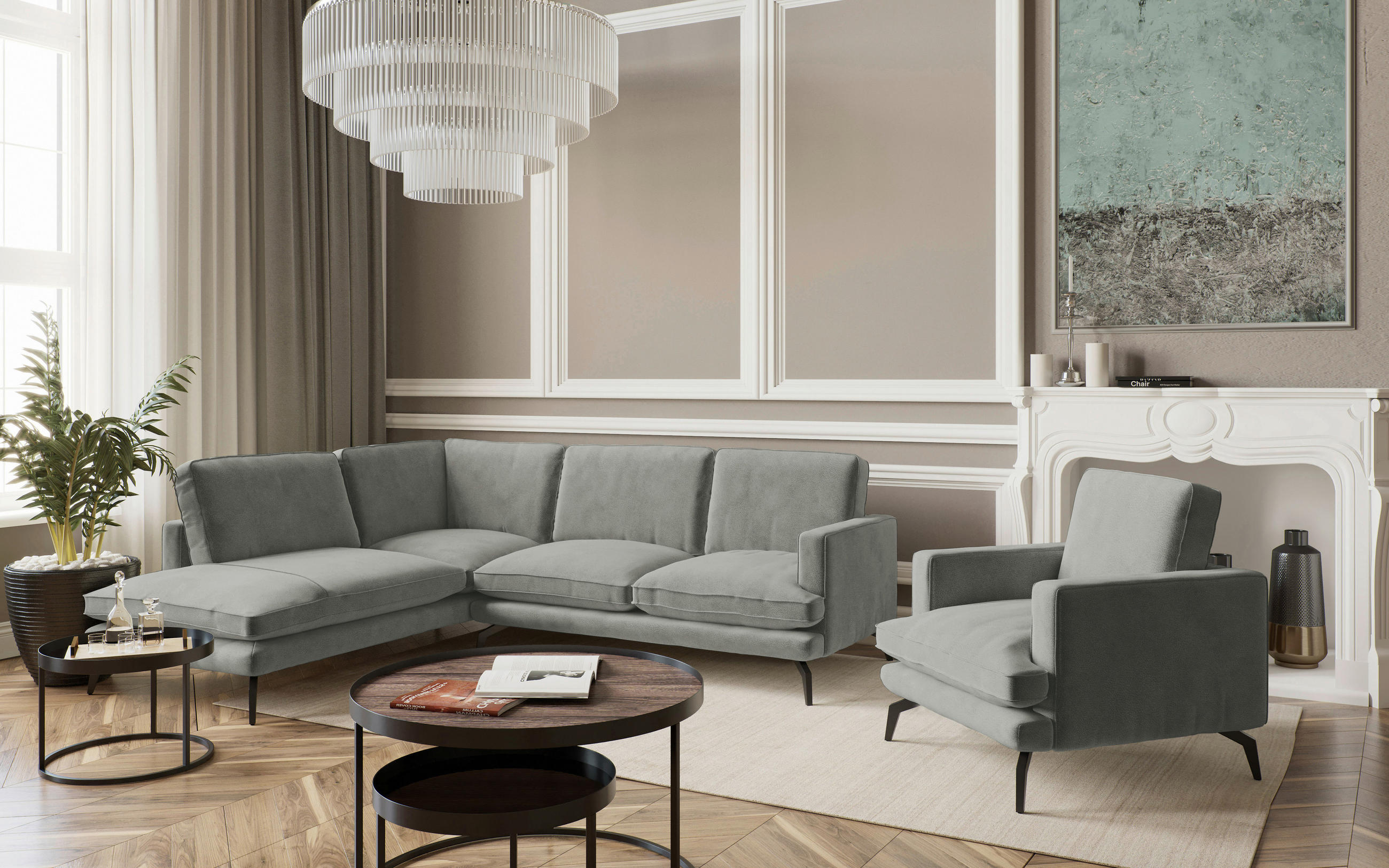SITZGARNITUR in Flachgewebe Grau  - Schwarz/Grau, Design, Textil/Metall (202/250cm) - Livetastic