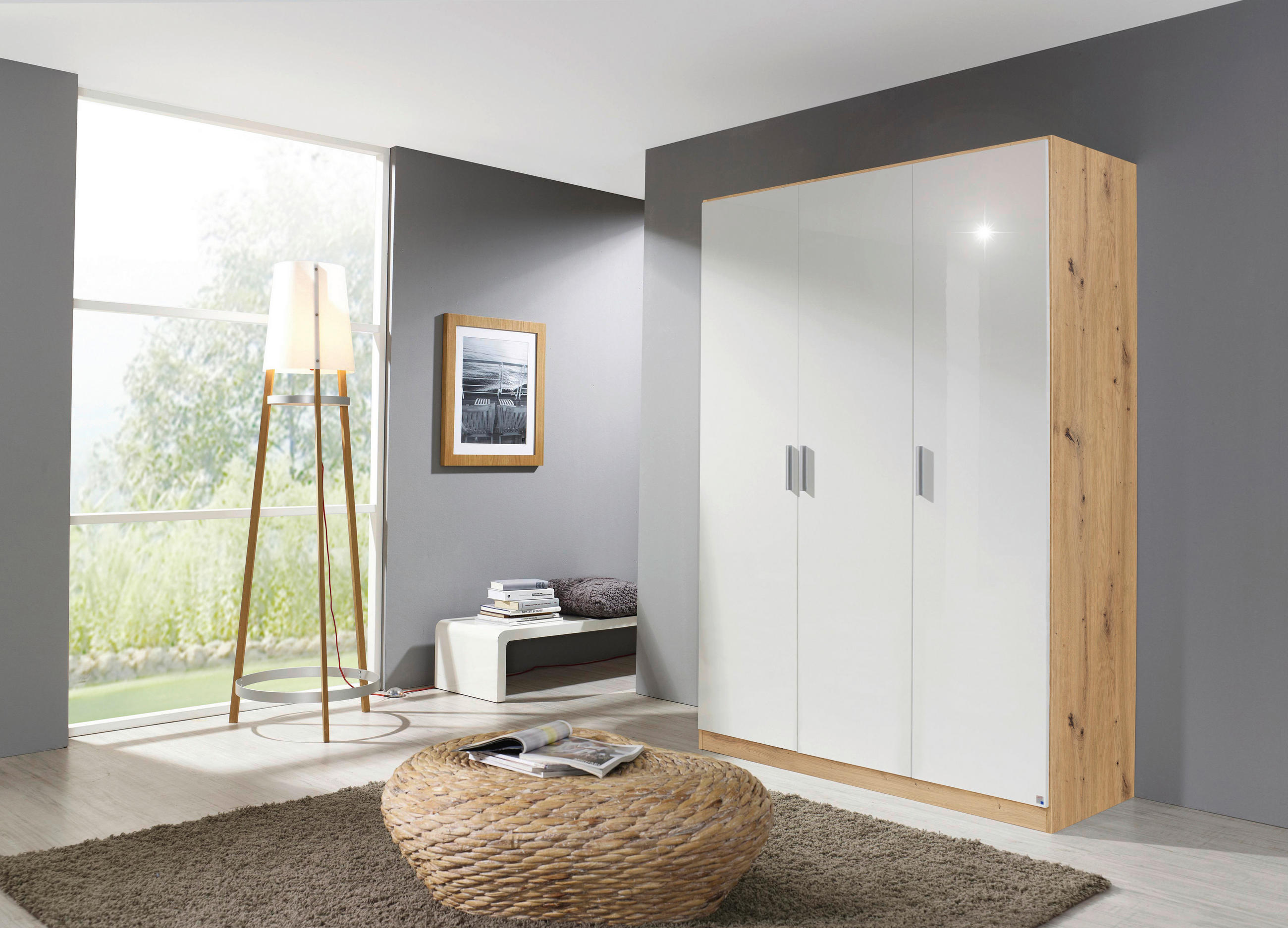 DREHTÜRENSCHRANK  in Eiche Artisan, Weiß Hochglanz  - Chromfarben/Weiß Hochglanz, MODERN, Holzwerkstoff/Kunststoff (136/197/54cm) - Rauch Möbel