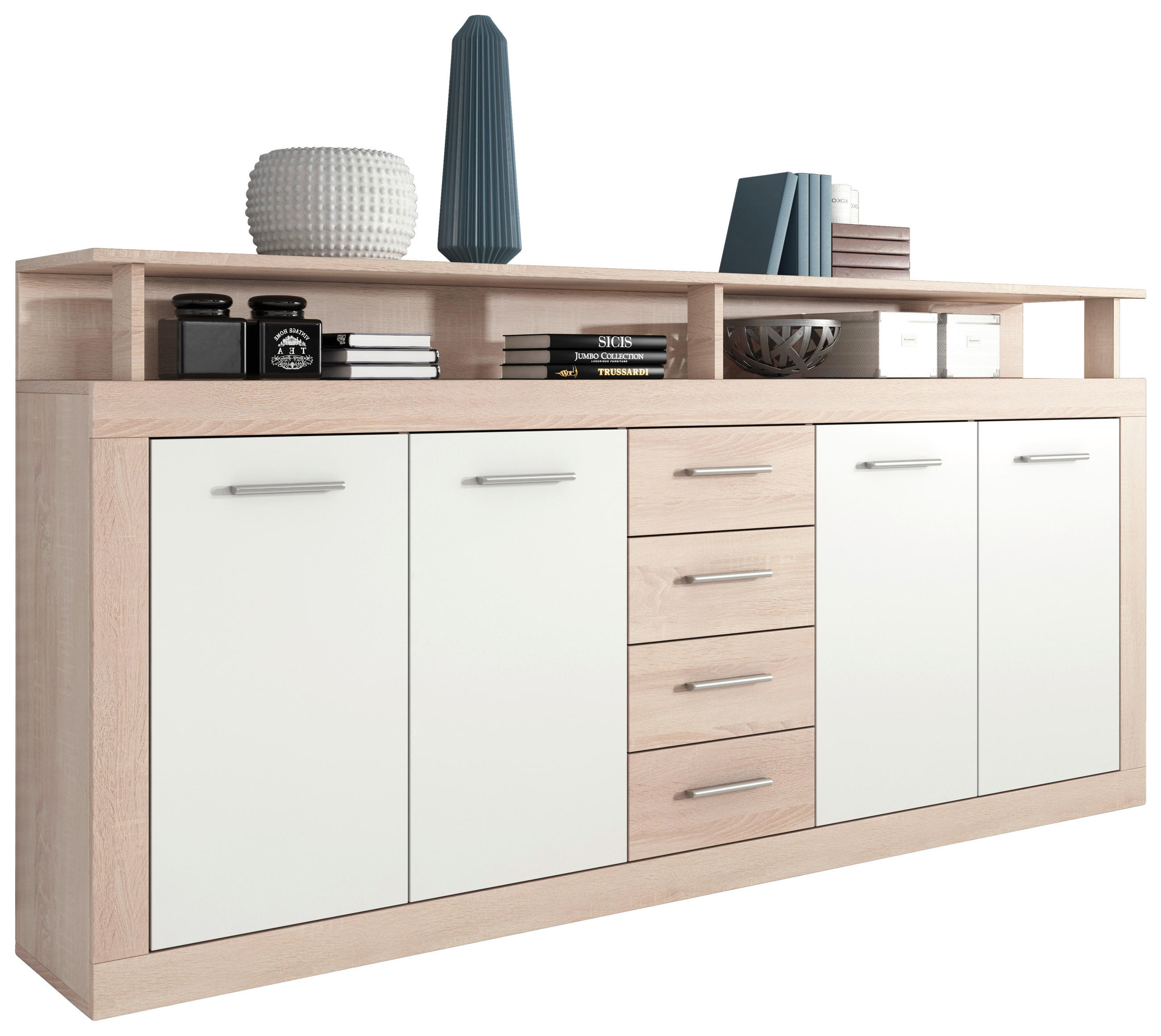 KOMODA, bela, hrast sonoma  - bela/hrast sonoma, Basics, umetna masa/leseni material (190/95/32cm) - MID.YOU