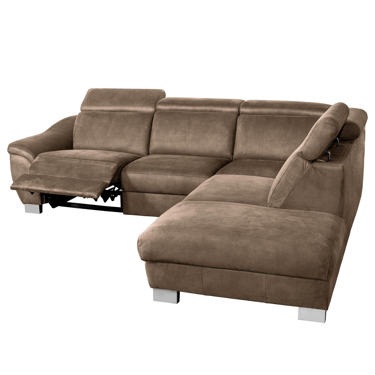 ECKSOFA Braun Mikrofaser Rücken echt, Relaxfunktion, Kopfteilverstellung  - Chromfarben/Braun, Design, Textil/Metall (238/276cm) - Livetastic